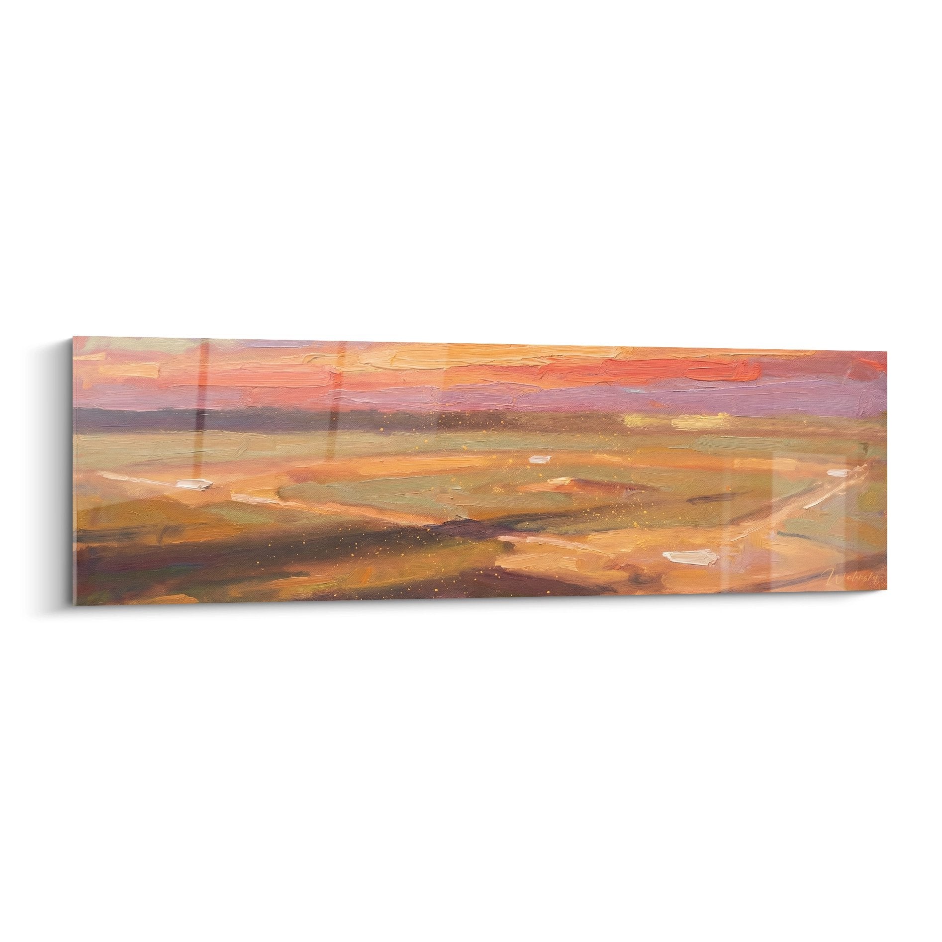 Abstraktes Wandbild mit Landschaft in warmen Sonnenuntergangsfarben und Erdtönen