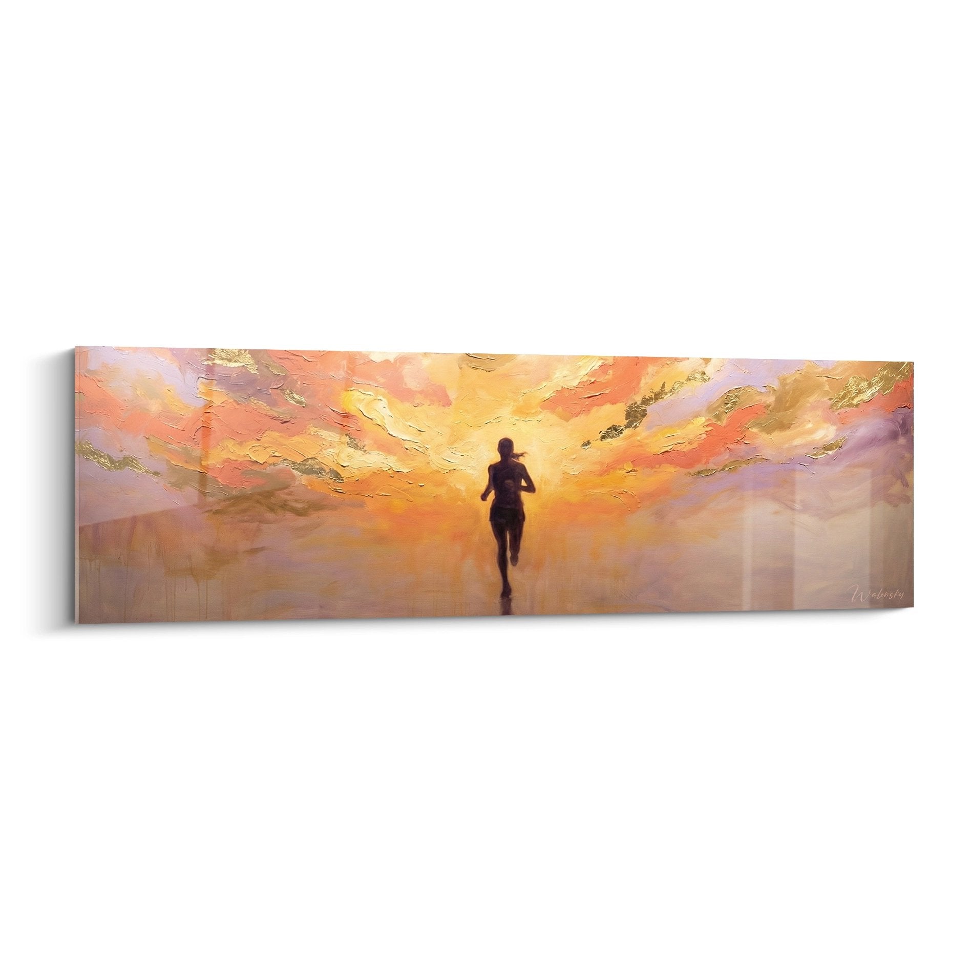 Wandbild einer Läuferin im goldenen Sonnenuntergang mit warmem Himmel und inspirierender Laufszene