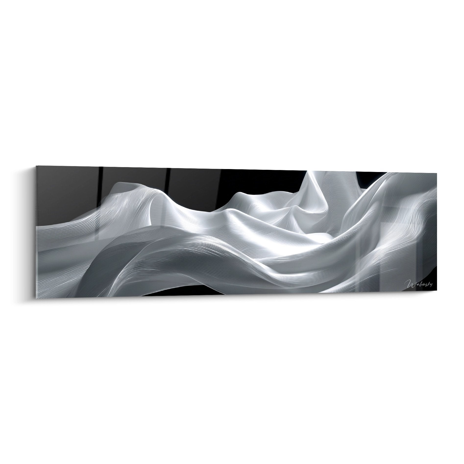 Abstraktes Wandbild mit eleganten fließenden Stoffwellen in schwarz-weiß für moderne Raumgestaltung