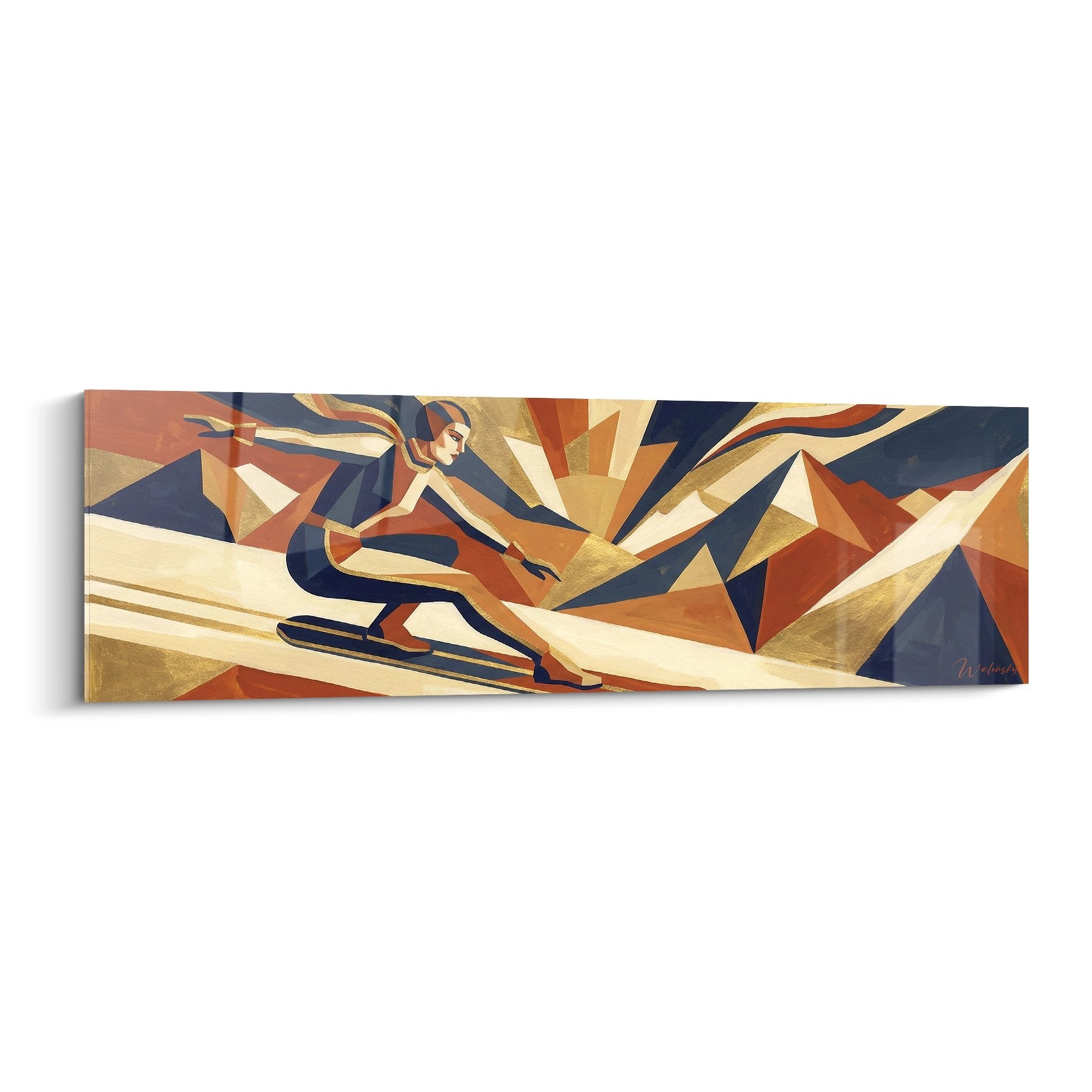 Geometrisches Wandbild eines Snowboarders in warmen Erdtönen mit abstrakten Bergformen und dynamischer Bewegungsdarstellung