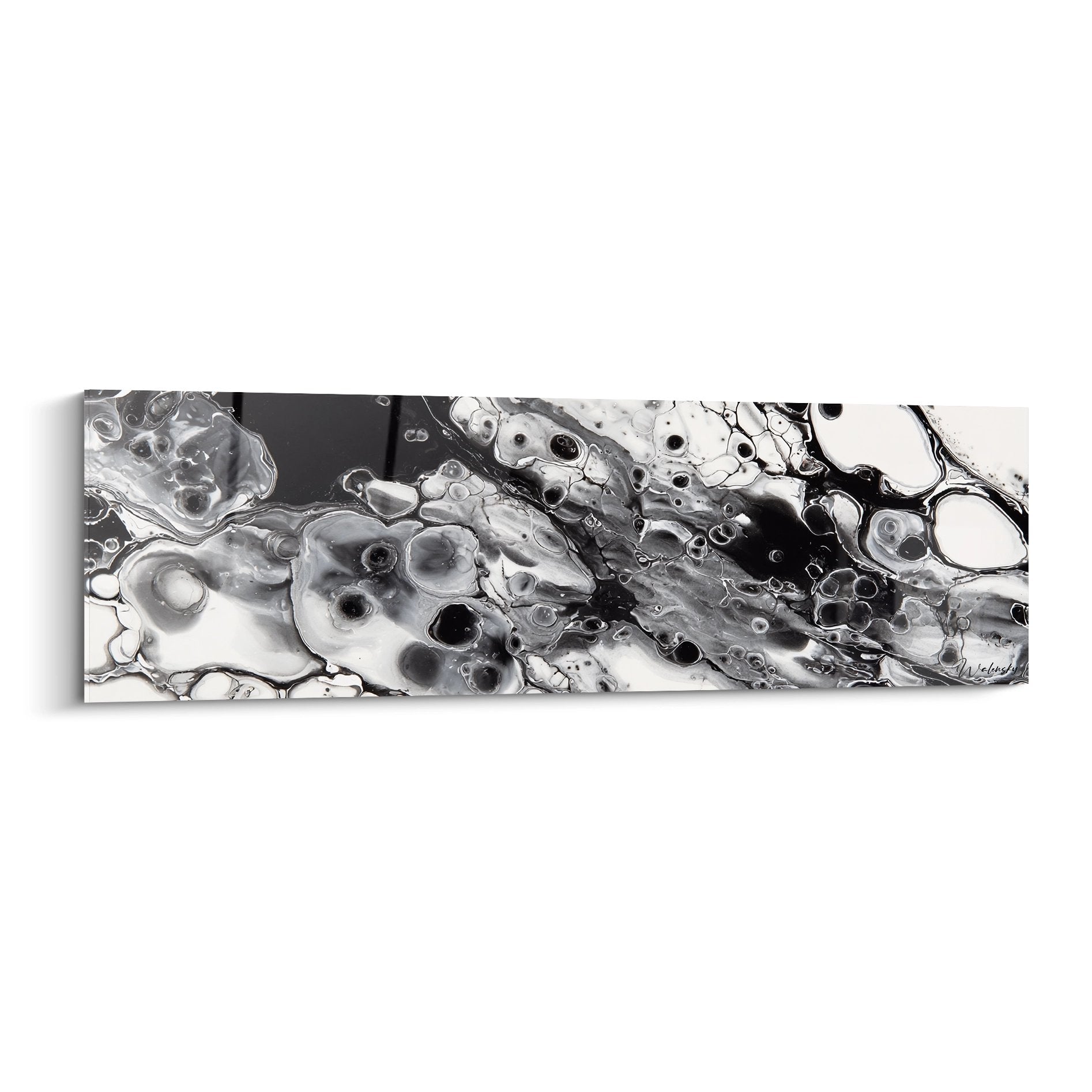 Abstraktes schwarz-weißes Wandbild mit organischen Flüssigkeitsstrukturen und Blasenformationen