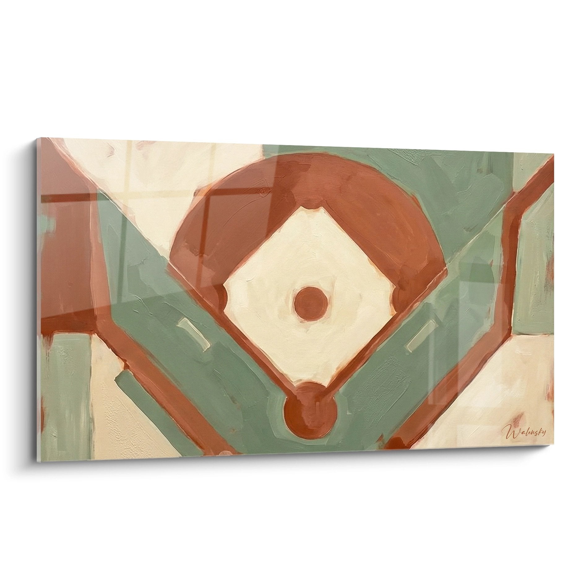 Abstraktes Baseball Wandbild mit stilisiertem Diamant in Terrakotta und Salbeigrün Farben