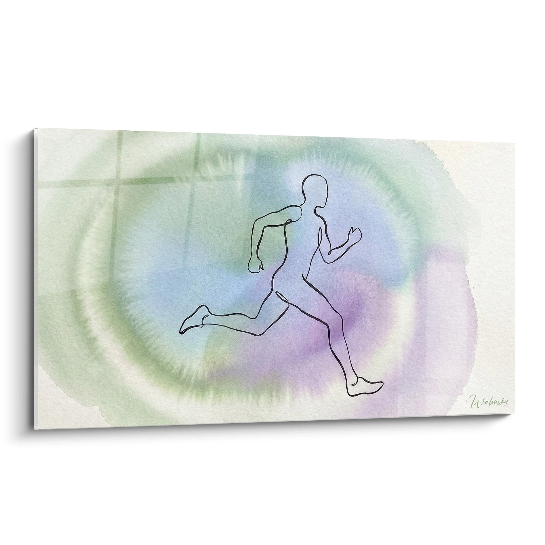 Spirituelles Wandbild eines Läufers in meditativer Aquarell-Aura mit Blau- und Violetttönen