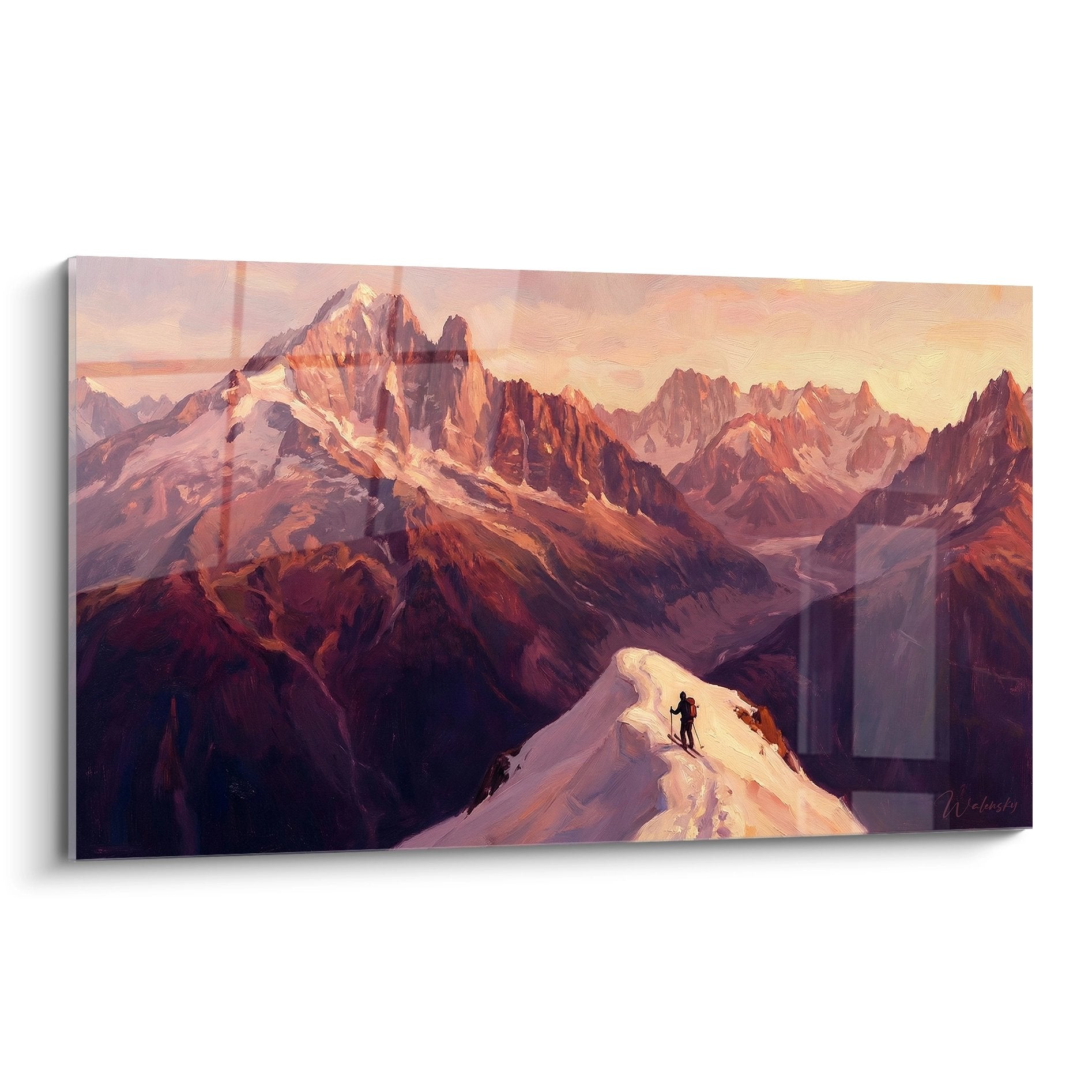 Wandbild zeigt Bergsteiger auf schneebedecktem Gipfel bei Sonnenaufgang in dramatischer Alpenlandschaft