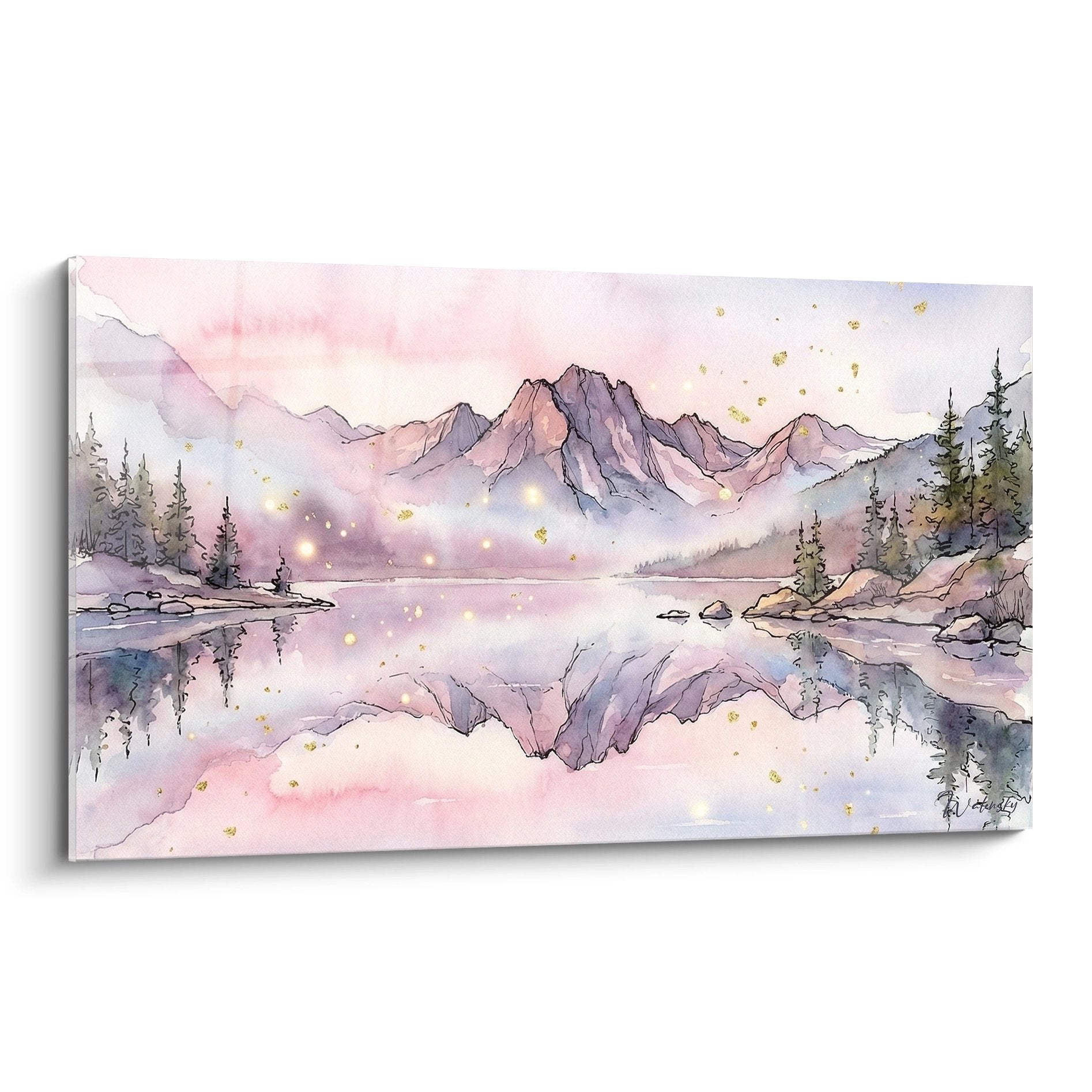 Aquarell Wandbild Alpensee mit Bergspiegelung in rosa und lila Tönen mit goldenen Lichtpunkten