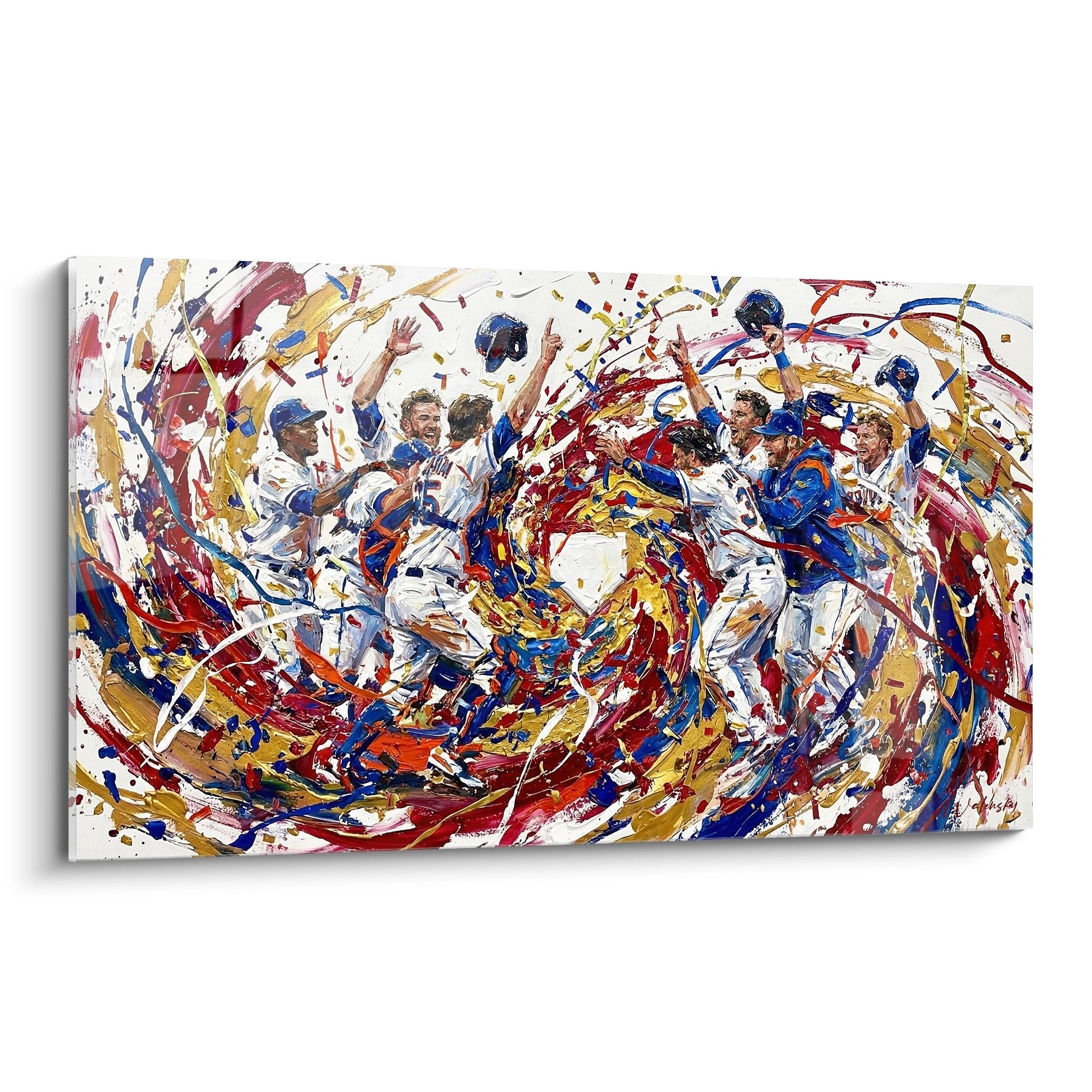 Expressionistisches Wandbild einer jubelnden Baseball-Mannschaft in dynamischer Malerei mit Rot, Blau und Gold