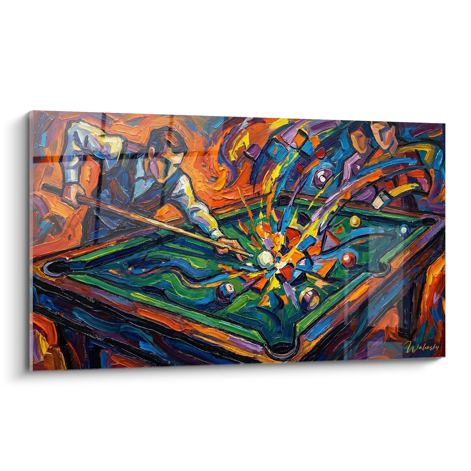 Expressionistisches Wandbild eines Billardtisches mit explosiver Farbpracht in Orange, Blau und Violett