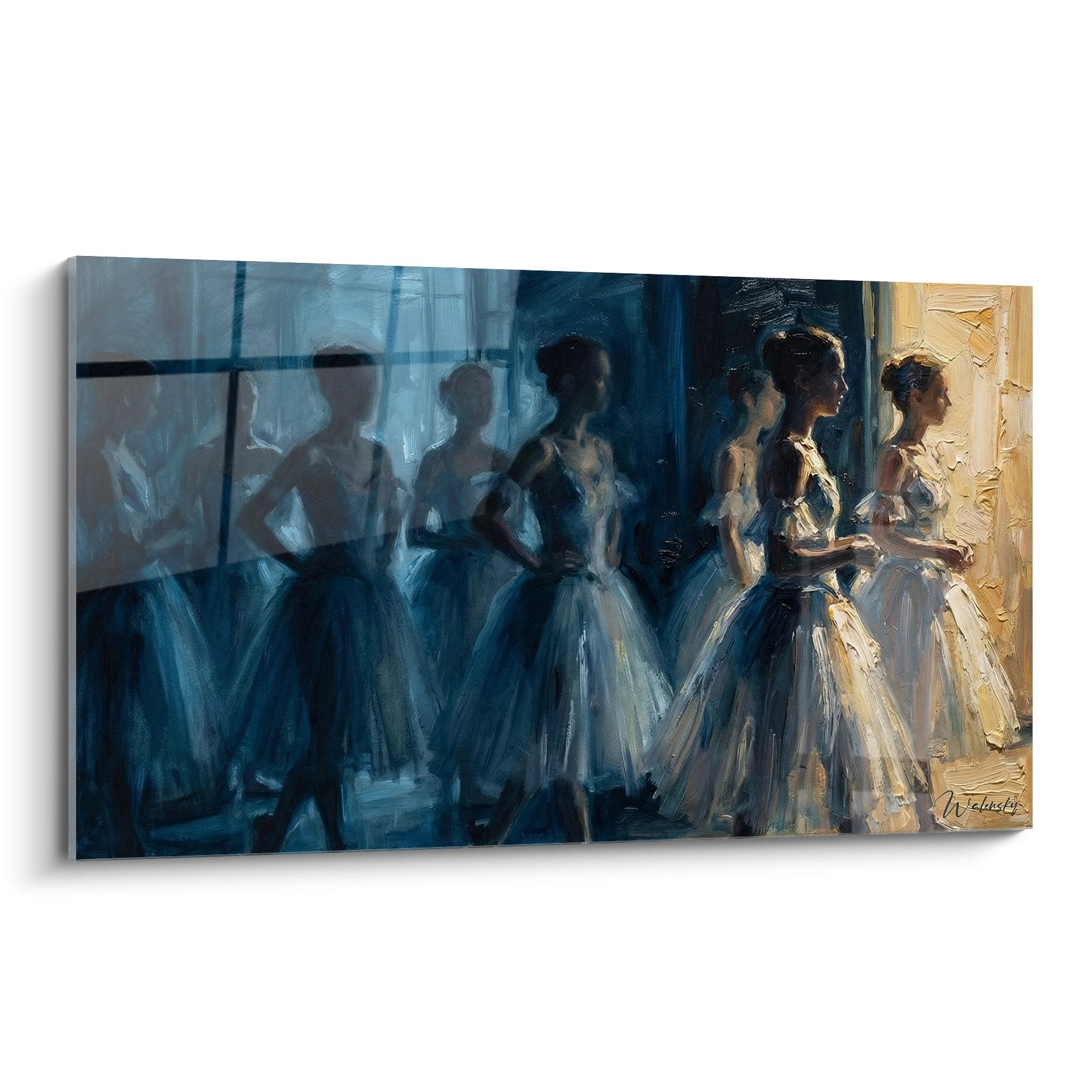 Wandbild mit Ballerinas in Tutus vor Spiegeln backstage in blauen und goldenen Tönen