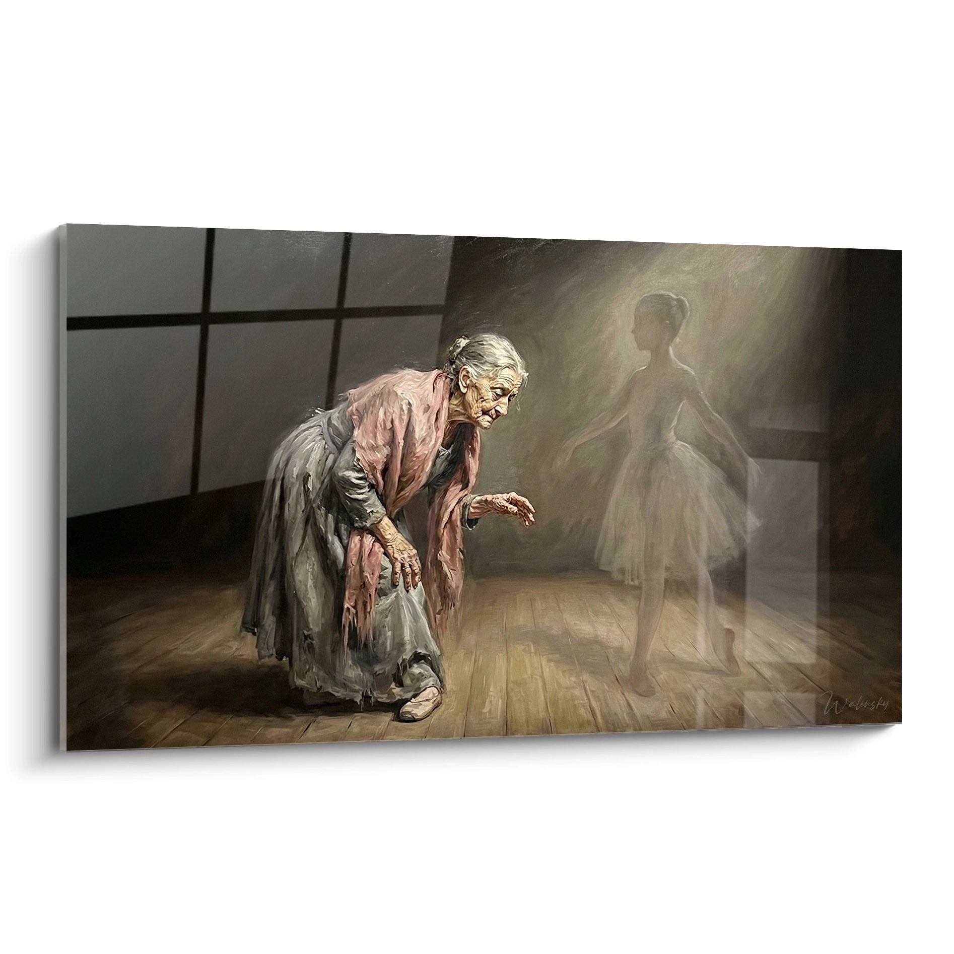 Wandbild alte Ballerina mit Geist im Tanzstudio, nostalgische Ballettszene in warmen Erdtönen