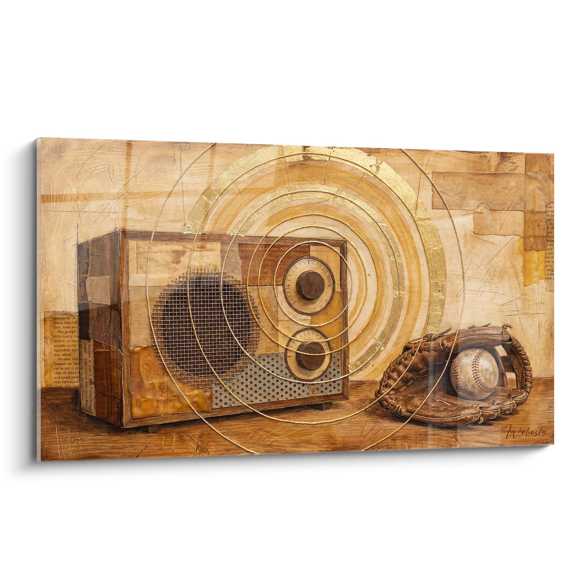 Wandbild mit Vintage Radio und Baseball Handschuh in warmen Brauntönen mit geometrischen Kreisen