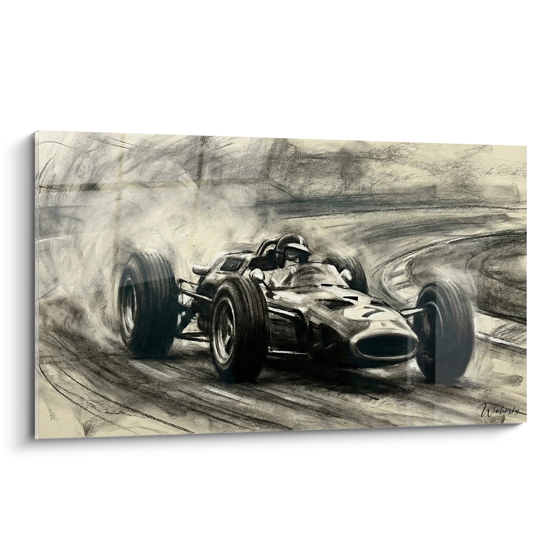 Wandbild Formel 1 Rennwagen Vintage Schwarz-Weiß Zeichnung klassischer Motorsport Kunst