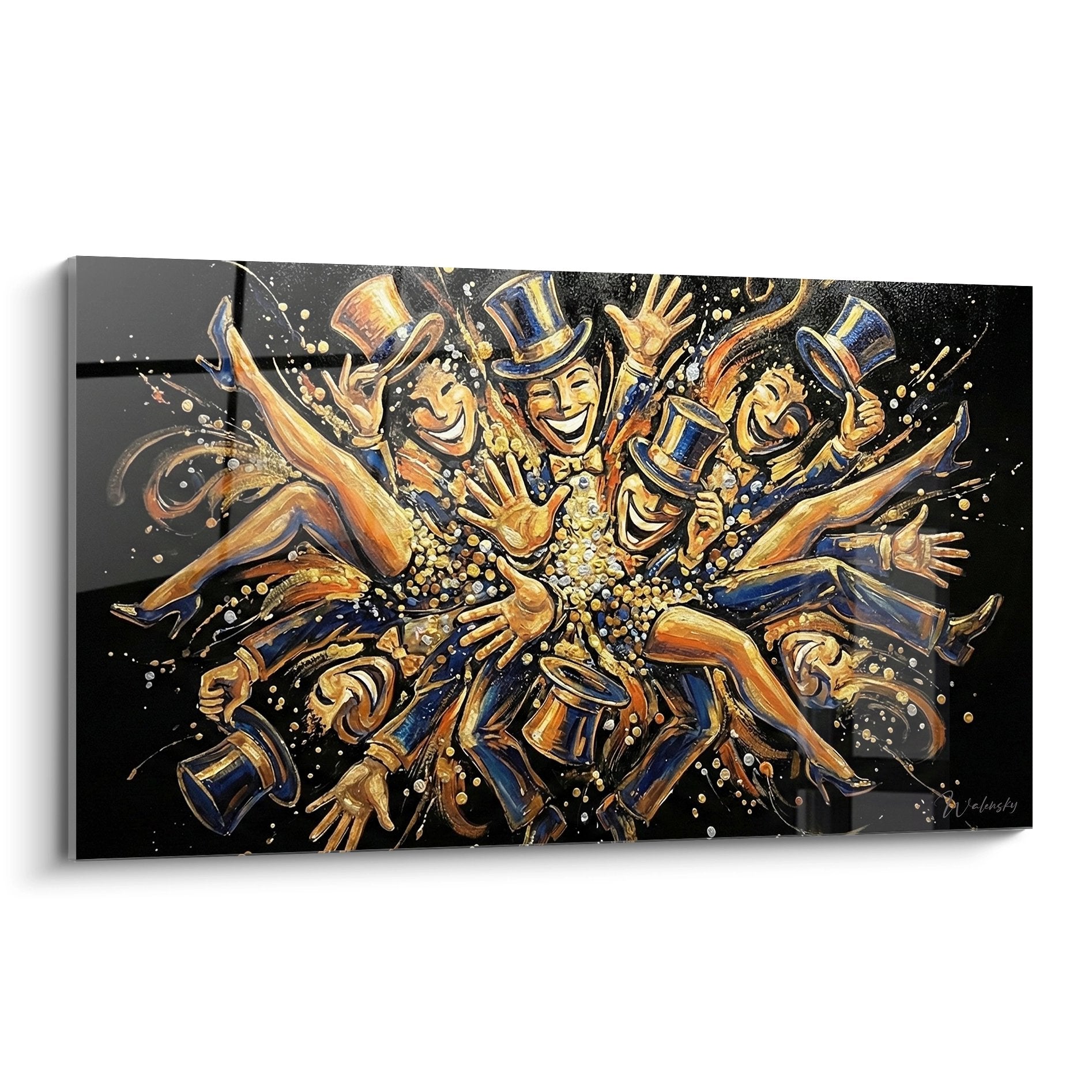 Wandbild mit jubelnder Festgesellschaft in Zylindern, goldene und blaue Farbtöne, dynamische Komposition