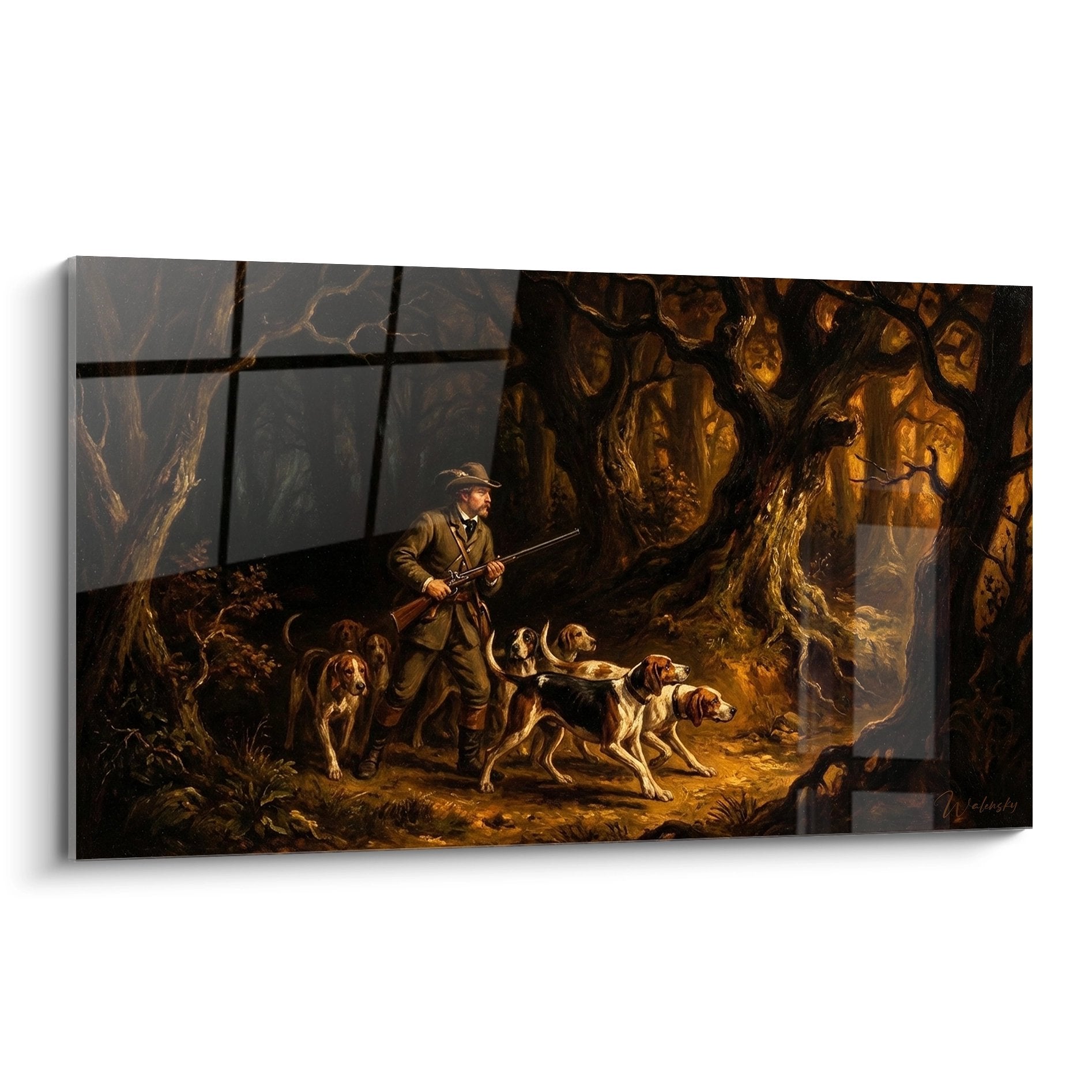 Wandbild Jäger mit Jagdhunden im mystischen Wald, klassische Jagdszene in warmen Erdtönen