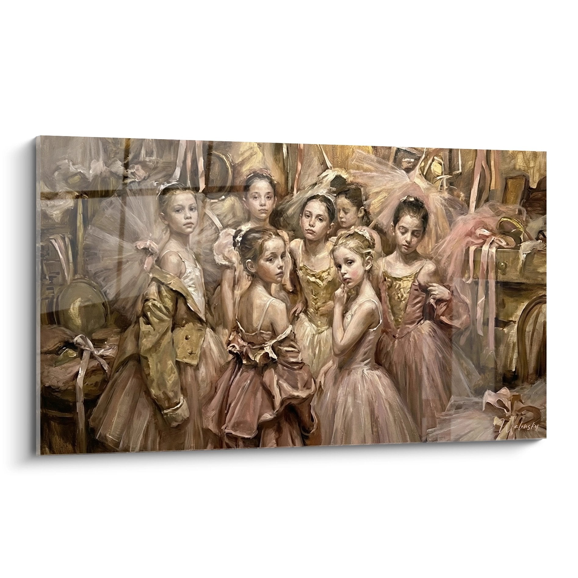 Wandbild zeigt Ballerinas in rosa Tutus beim Vorbereiten hinter der Bühne in warmem Licht