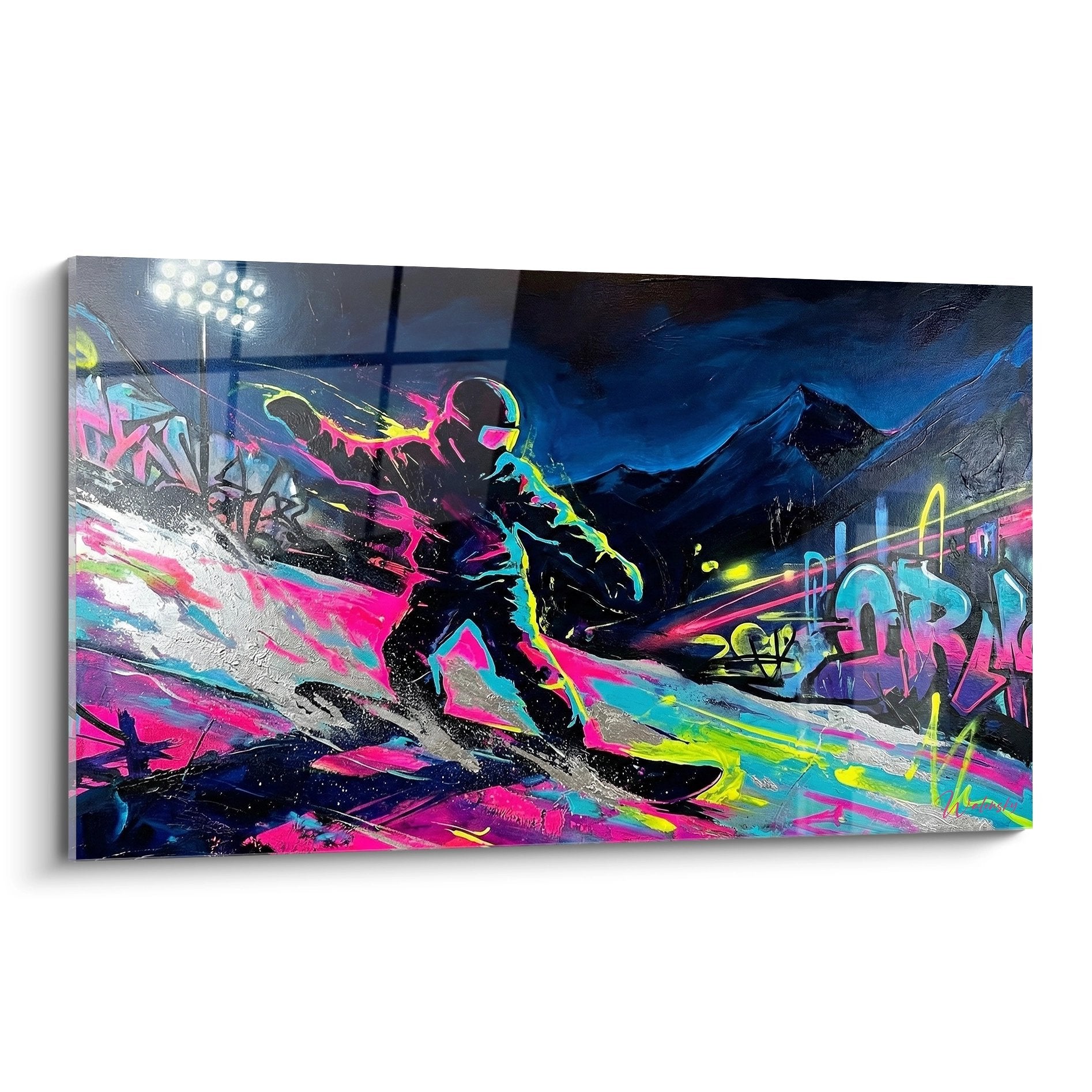 Snowboarder Graffiti Wandbild mit Neon Farben und Street Art Stil vor Bergkulisse
