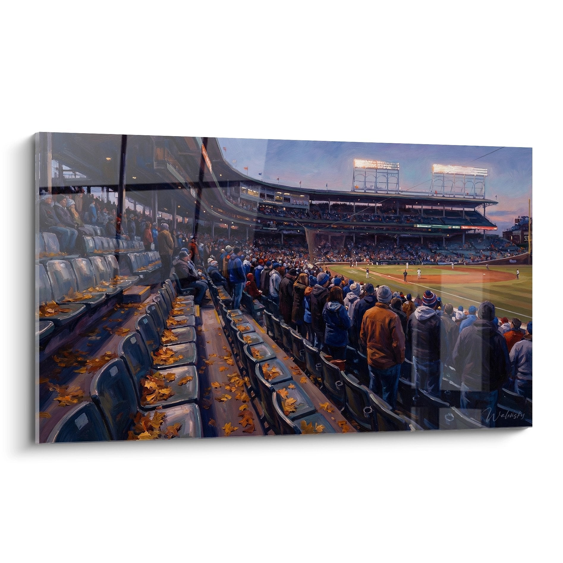 Wandbild zeigt Baseballstadion im Herbst mit Zuschauern und herbstlichen Blättern auf den Sitzen