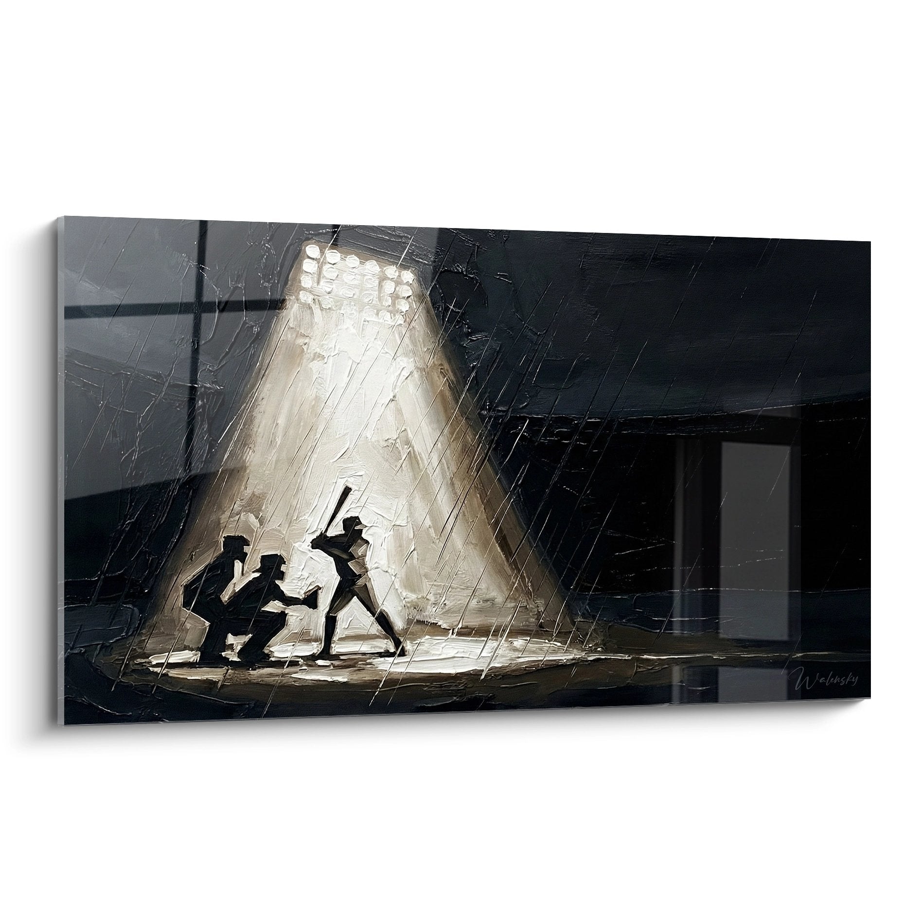 Dramatisches Wandbild mit Baseballspielern im Scheinwerferlicht, kunstvolle schwarz-weiß Darstellung für Sportliebhaber