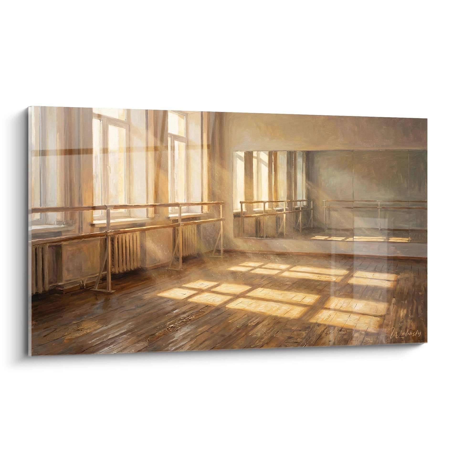 Wandbild eines eleganten Ballettstudios mit goldenen Sonnenstrahlen und klassischen Ballettstangen