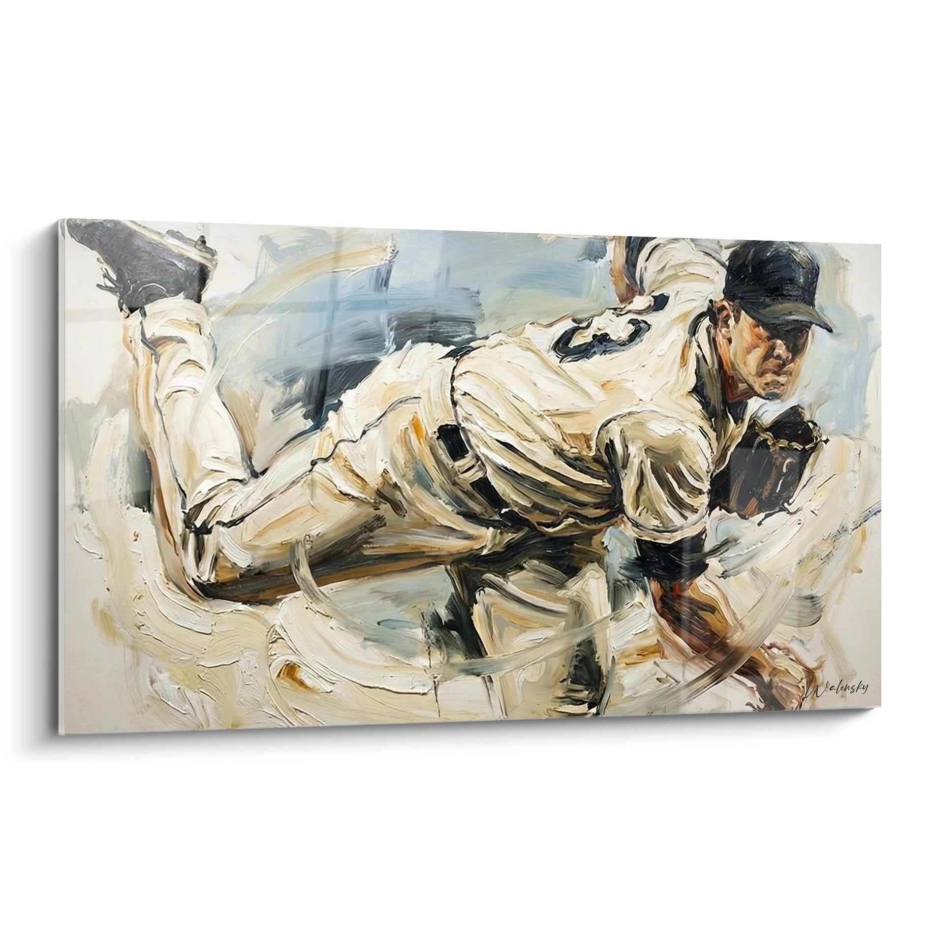 Baseball Wandbild mit Spieler in dynamischer Schlagbewegung, expressive Malerei in warmen Brauntönen