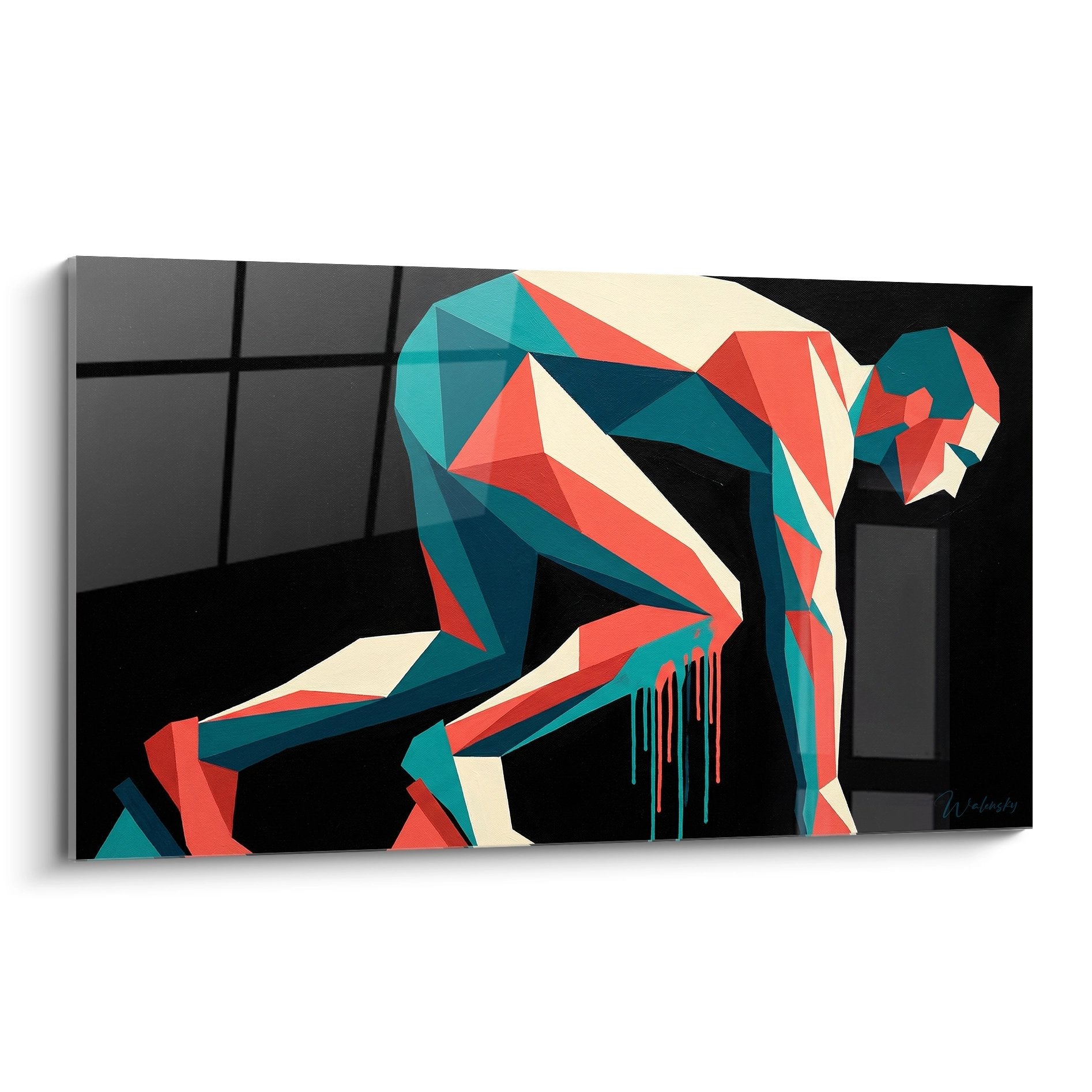 Geometrischer Läufer in Startposition mit polygonaler Darstellung in Koralle, Türkis und Cremeweiß