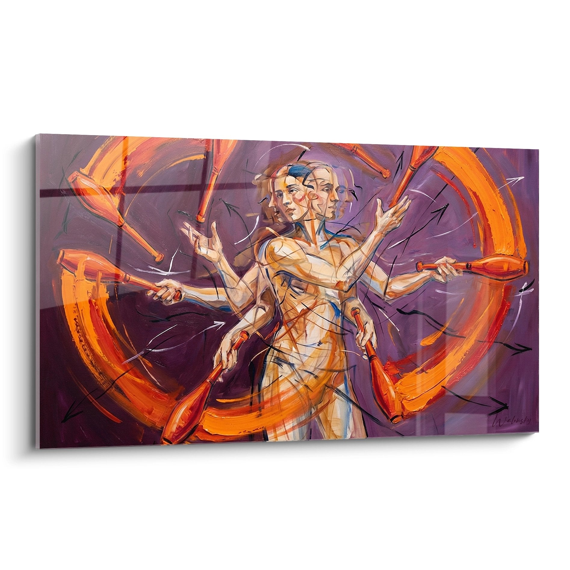 Wandbild mit abstrakten Figuren in orange-violetten Tönen, dynamische Bewegung, moderne Kunst für Wohnräume