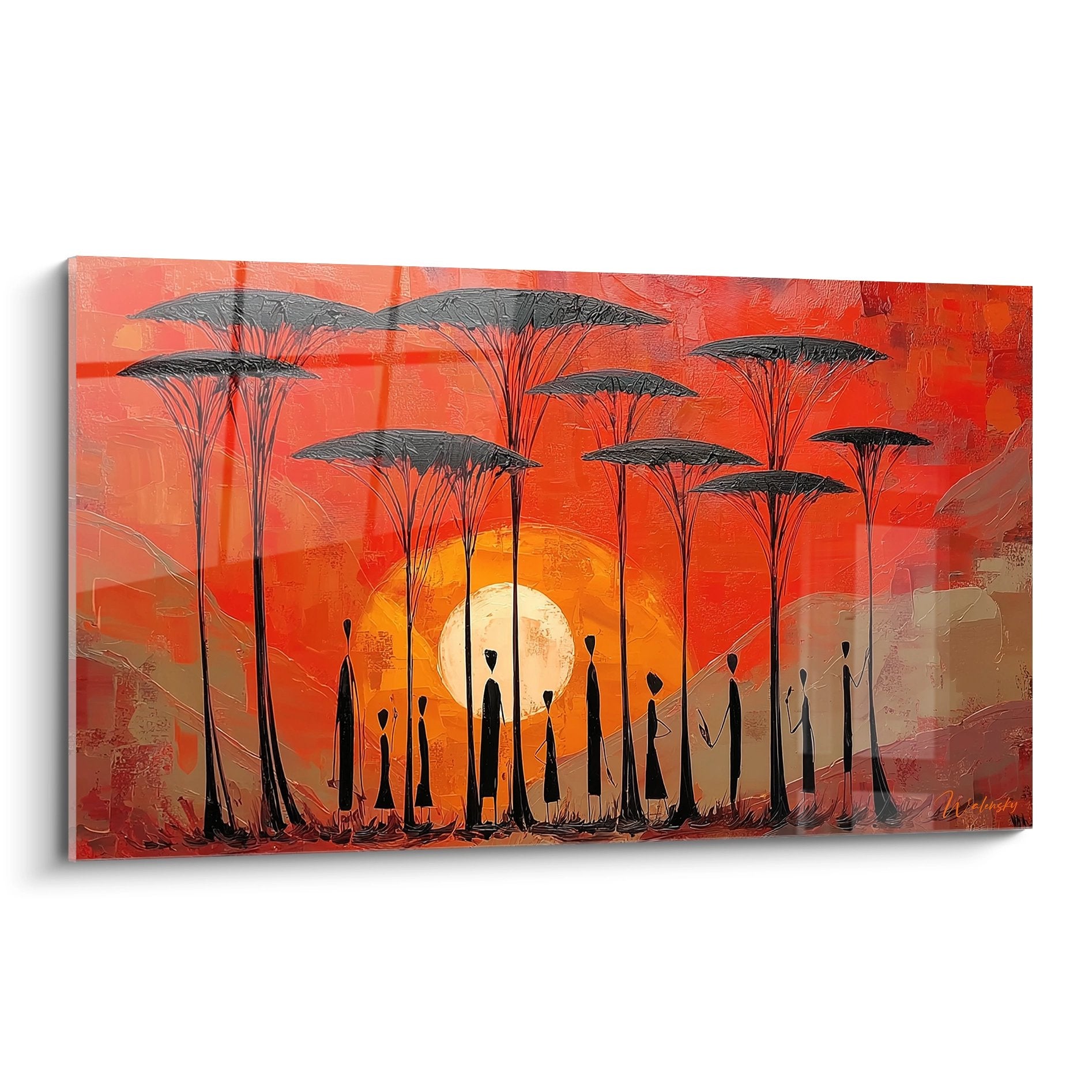 Wandbild afrikanische Savanne mit Acacia-Bäumen vor glühendem Sonnenuntergang in warmen Rottönen