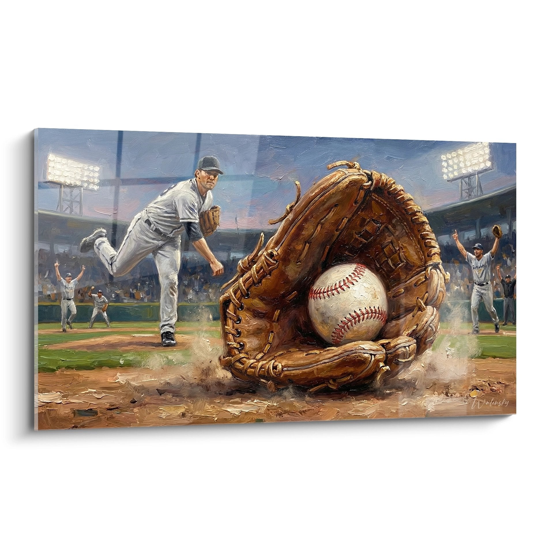 Wandbild zeigt monumentalen Baseball-Fanghandschuh mit Ball und Werfer im Stadion - Edition Baseball