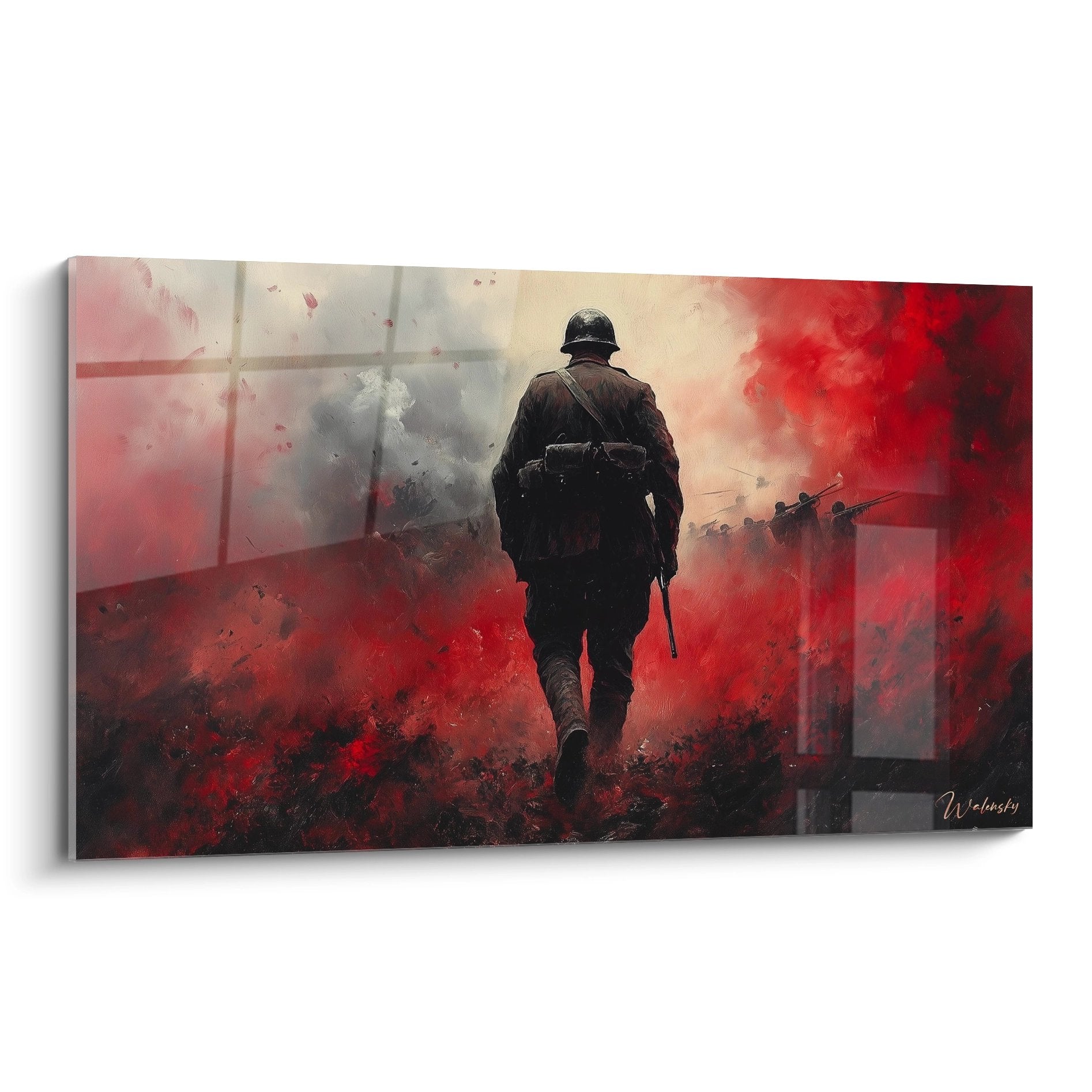 Wandbild zeigt einsamen Soldaten im roten Schlachtfeld des Ersten Weltkriegs mit dramatischer Atmosphäre