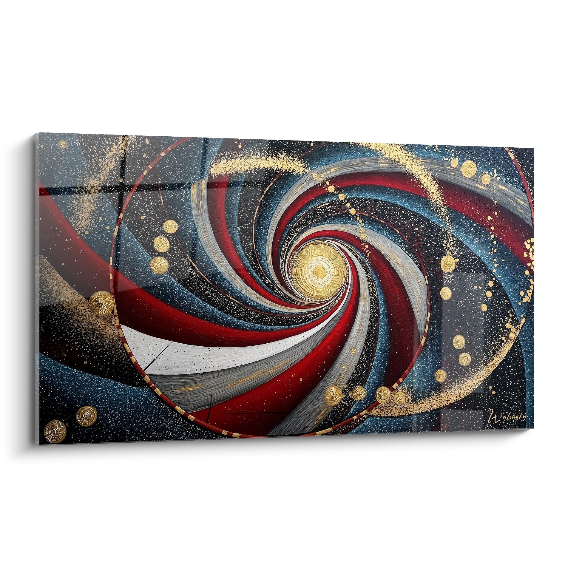 Wandbild kosmische Spiralgalaxie in Blau Rot Gold mit goldenen Partikeln - Edition Zirkus moderne abstrakte Kunst