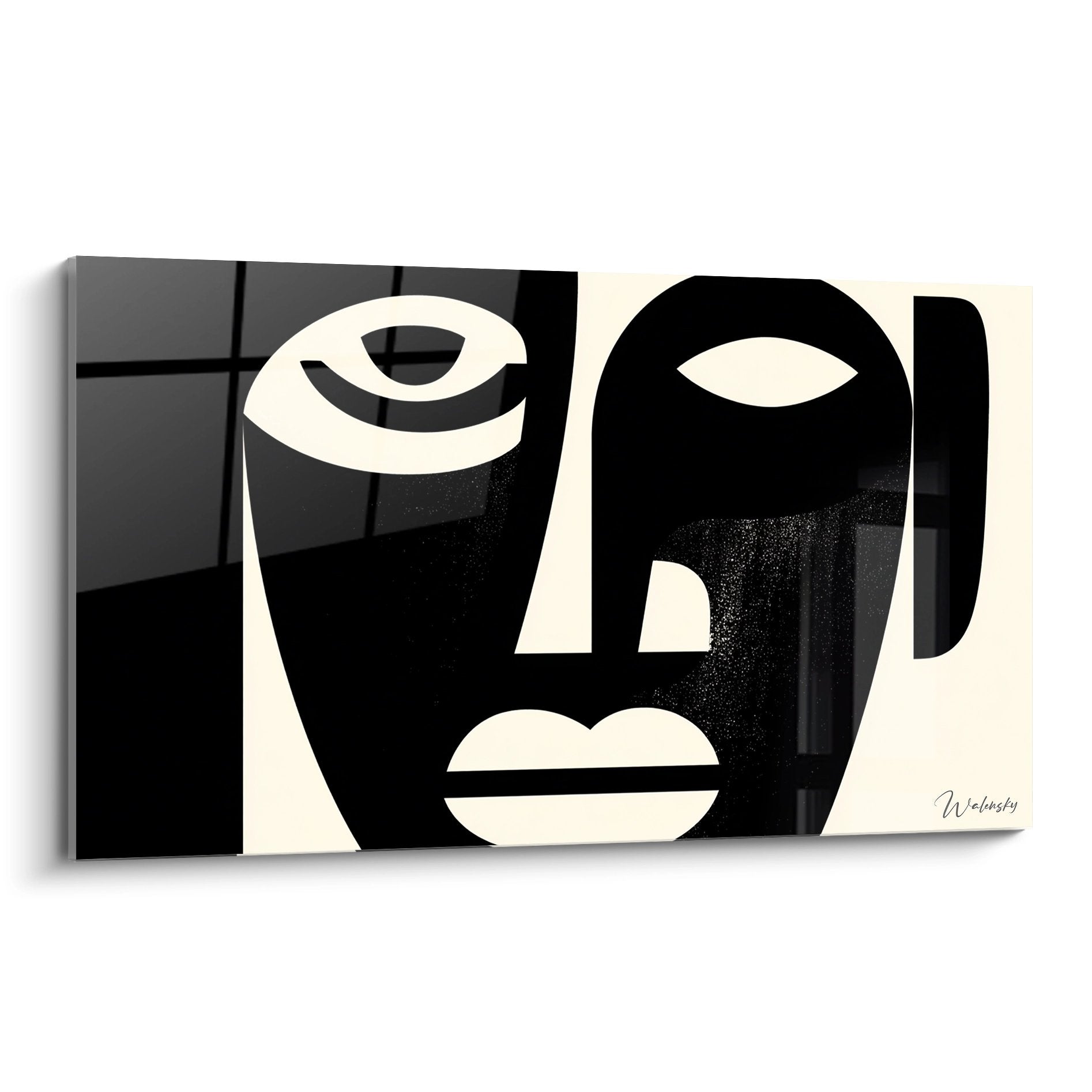 Abstraktes Wandbild mit zwei stilisierten afrikanischen Stammesmasken in Schwarz und Weiß