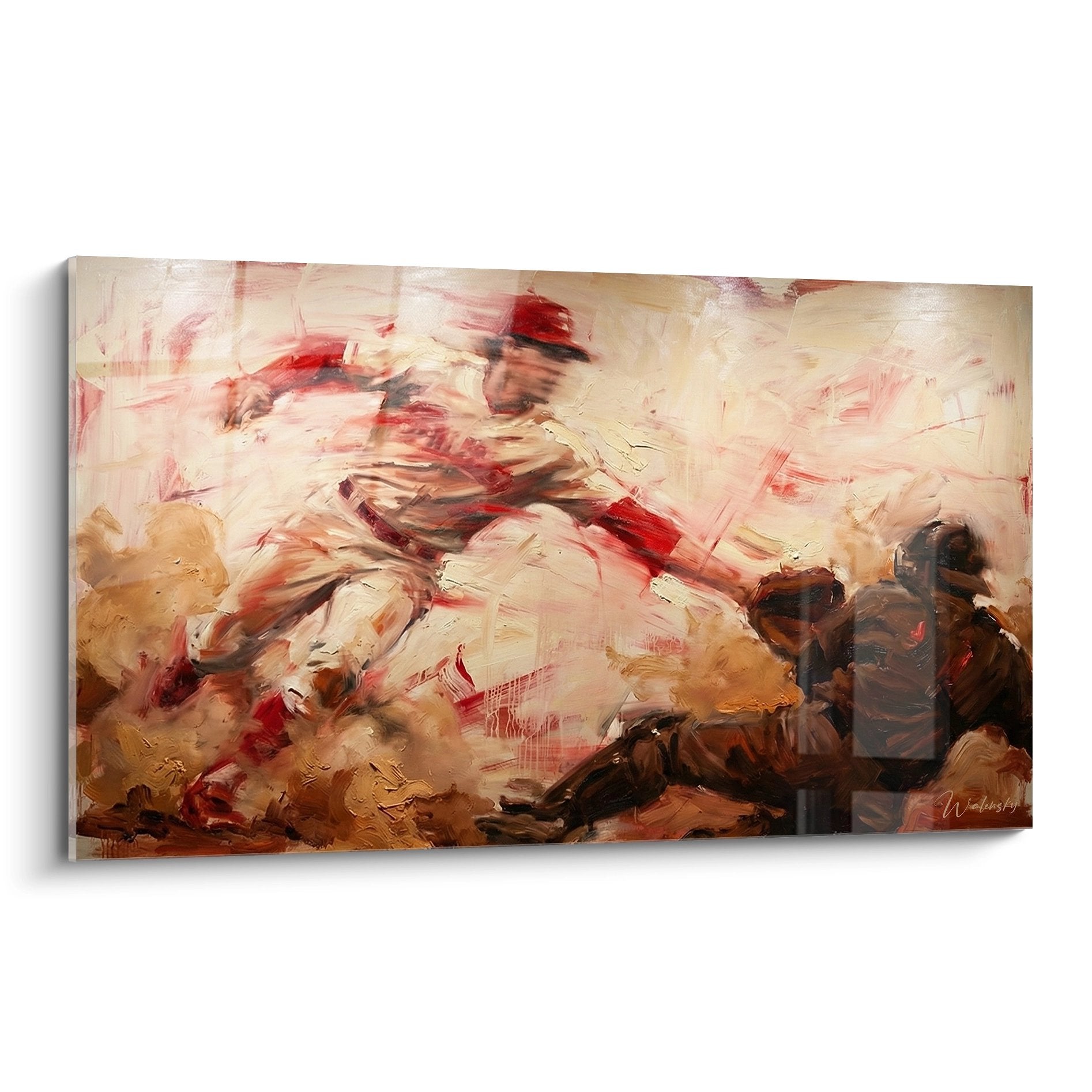 Expressionistisches Wandbild eines Baseball-Spielers in dynamischer Bewegung mit warmen Erdtönen und roten Akzenten