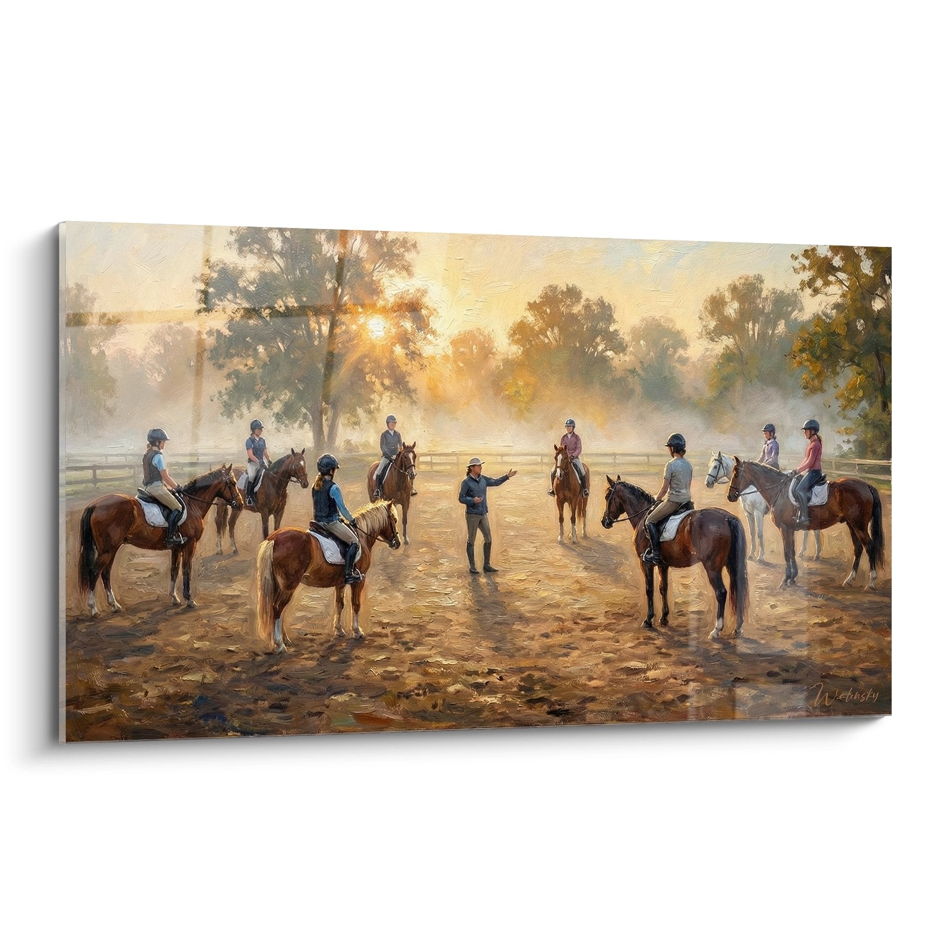 Wandbild Reitunterricht im goldenen Morgenlicht mit Reitern und Pferden in harmonischer Atmosphäre