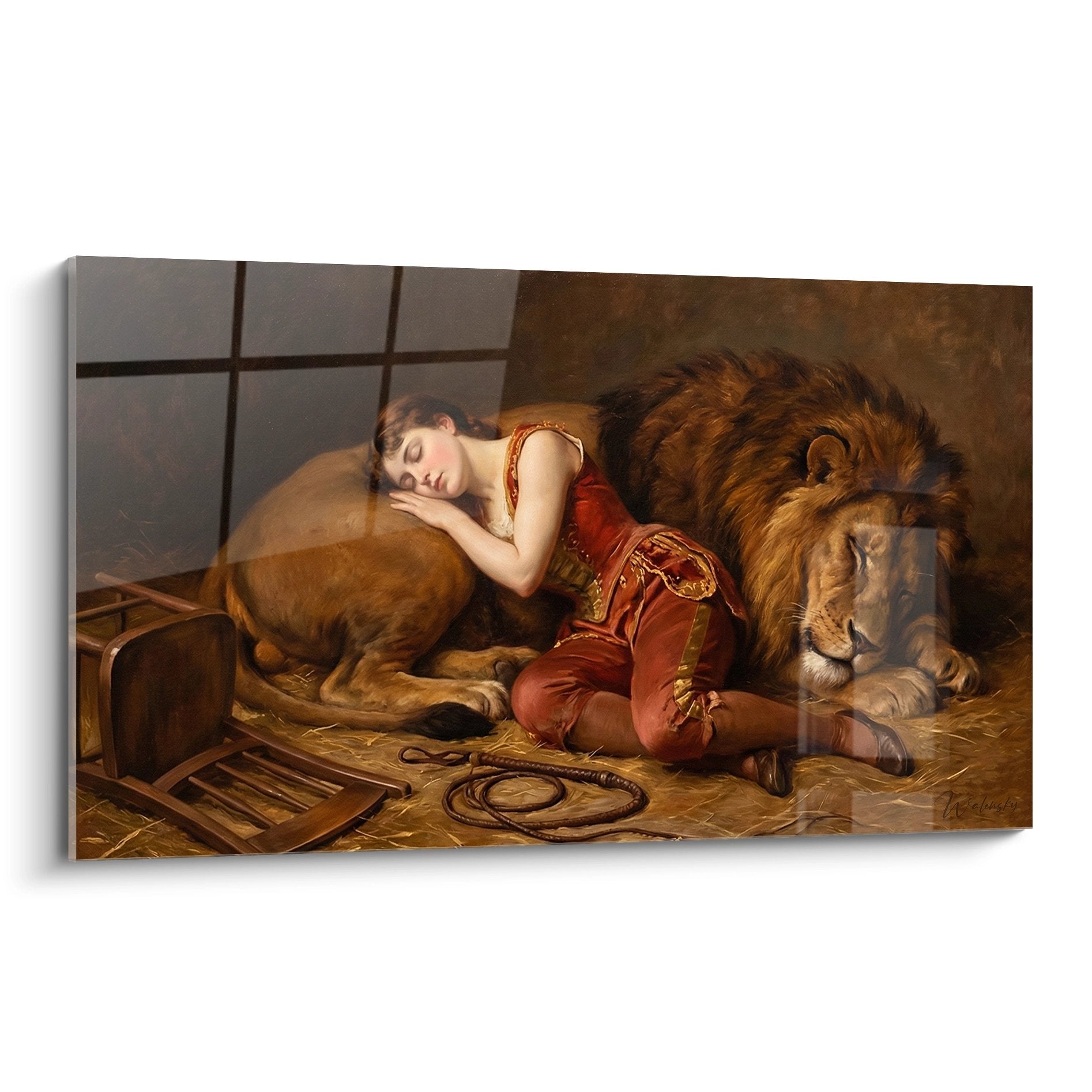 Wandbild Löwendompteur im roten Kostüm ruht friedlich neben majestätischem Löwen im Zirkuskäfig