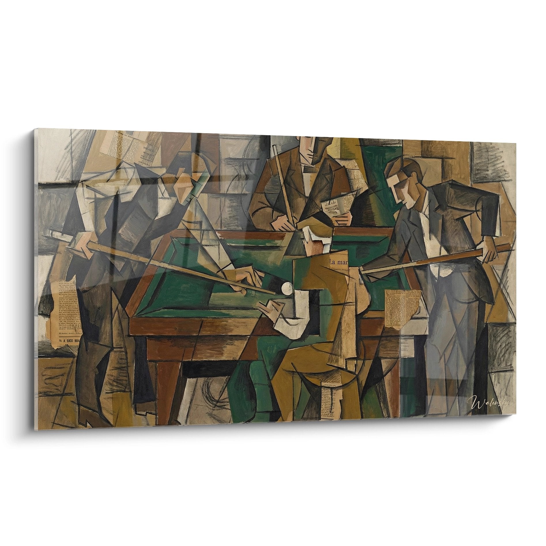 Kubistisches Wandbild einer Billardpartie mit geometrischen Formen und grünem Billardtisch