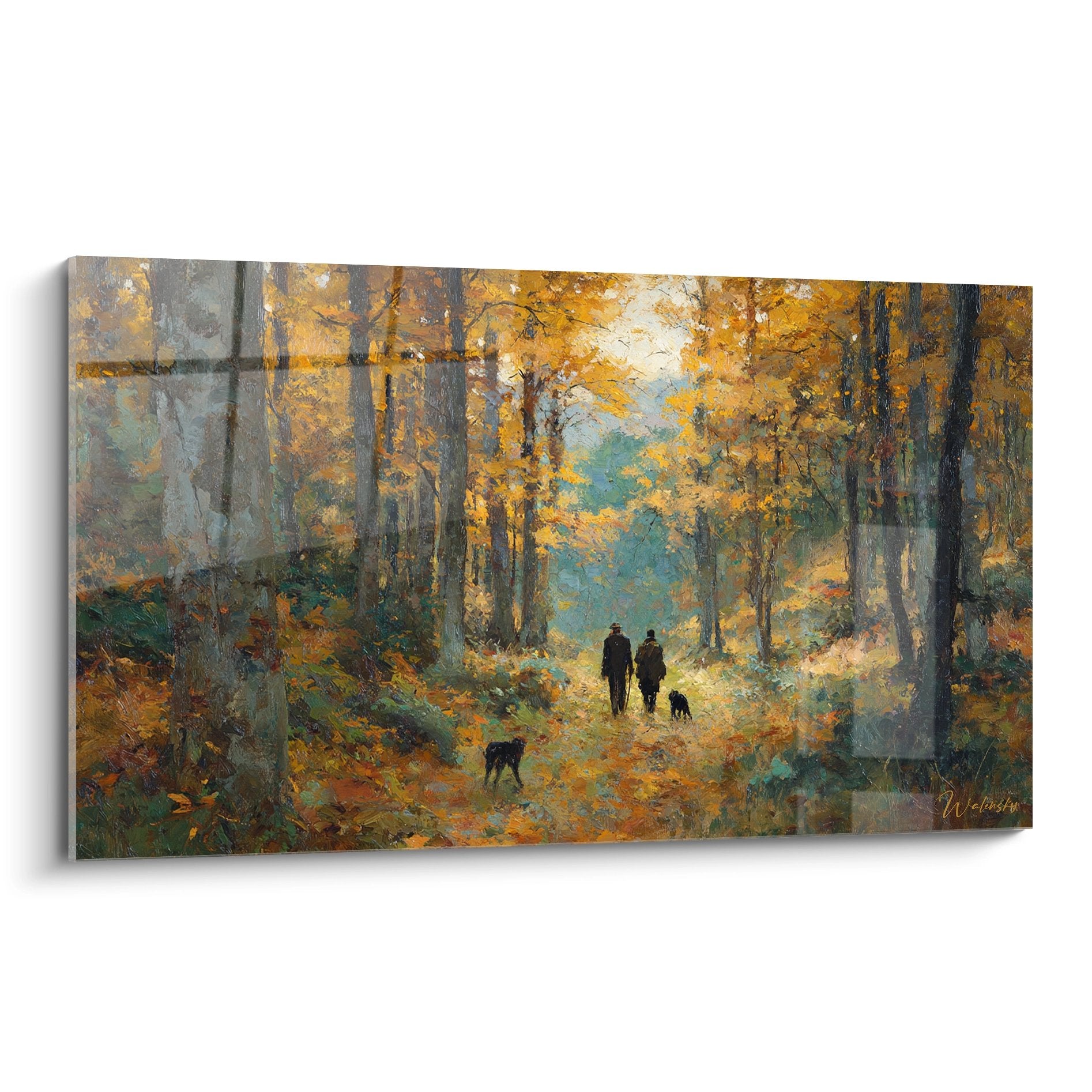 Wandbild mit zwei Jägern und Jagdhunden im goldenen Herbstwald, impressionistische Jagdszene für Wohnräume