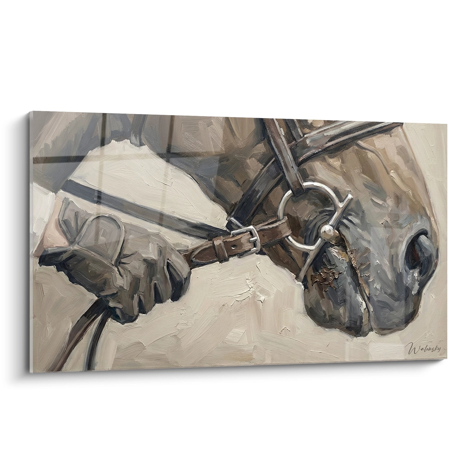 Wandbild Pferdekopf mit braunem Halfter in erdigen Tönen gemalt