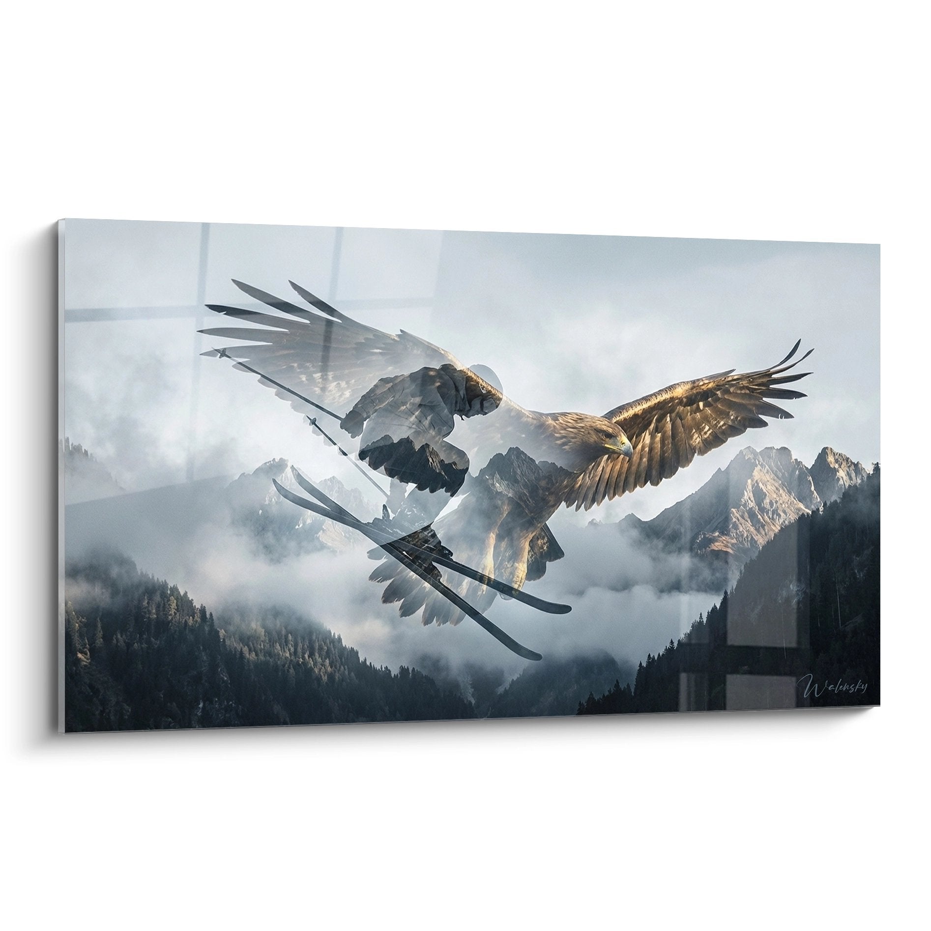 Wandbild mit zwei Adlern die Skier tragen über verschneiter Berglandschaft mit Nebel und alpinen Gipfeln