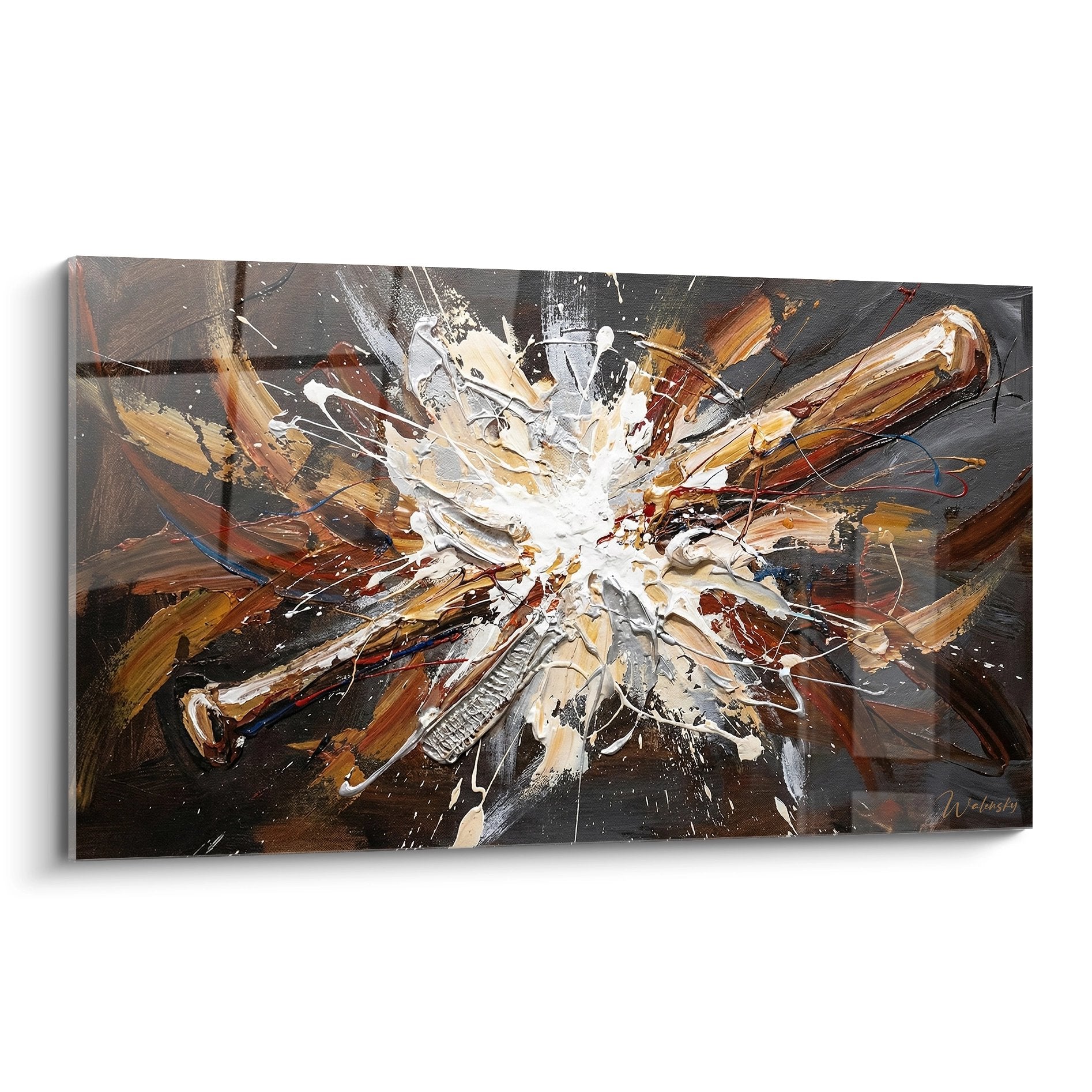 Abstraktes Baseball Wandbild mit explosiver Bewegung in warmen Erdtönen und weißen Farbspritzern