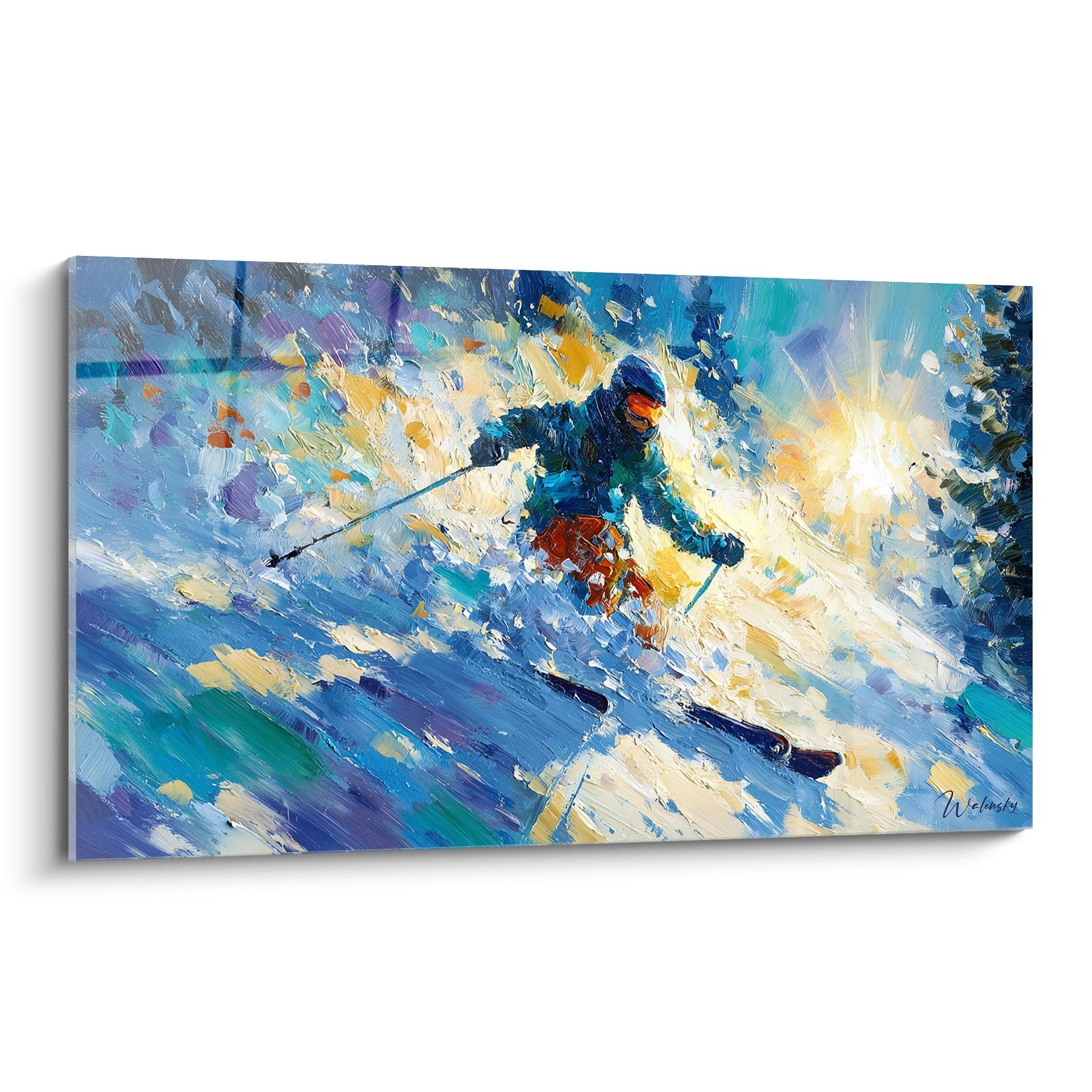 Expressives Wandbild eines Skifahrers im Pulverschnee mit dynamischen blauen und gelben Farbtönen