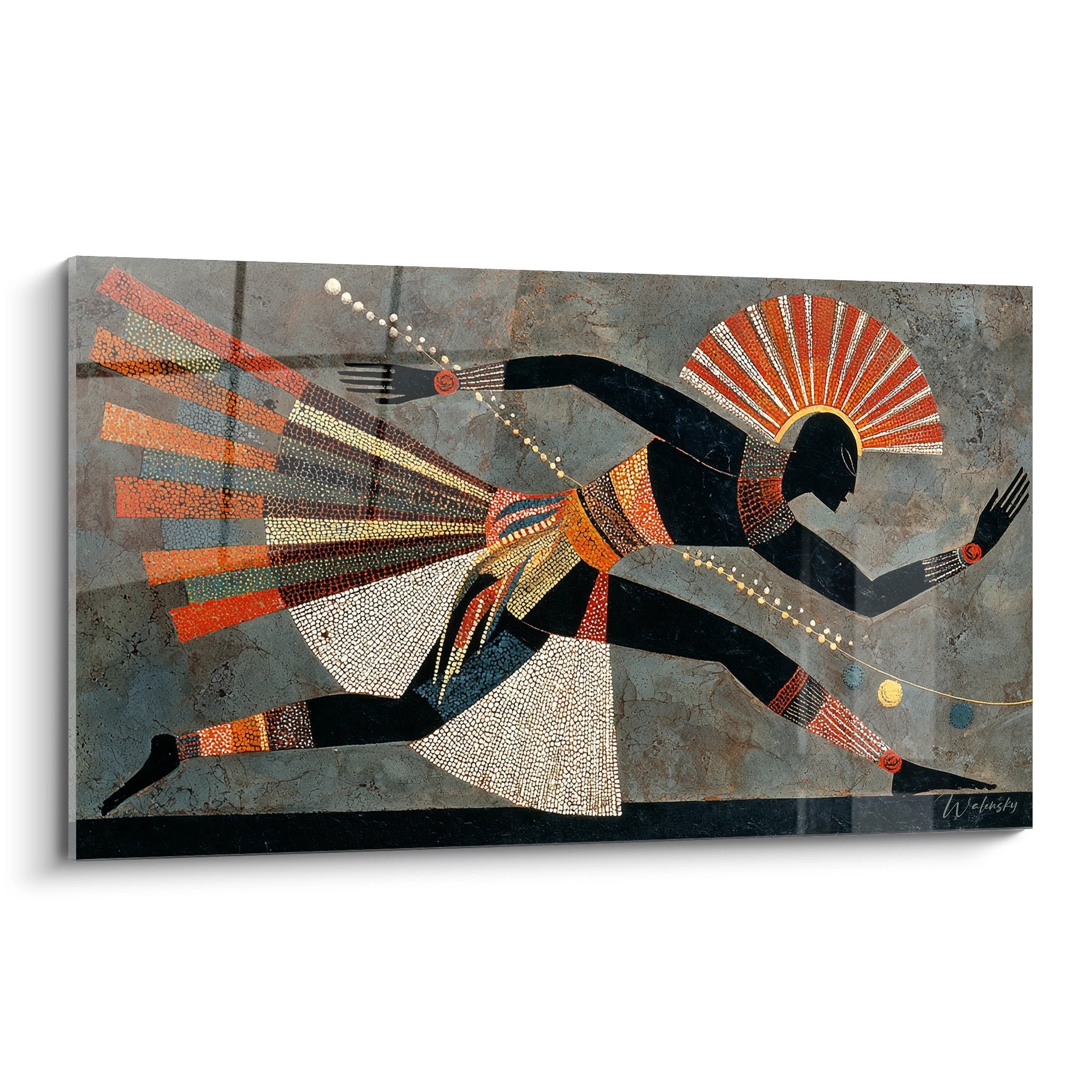 Abstraktes Wandbild mit tanzender Figur in Schwarz, Orange und Rot, geometrische Muster, afrikanische Tanzkunst