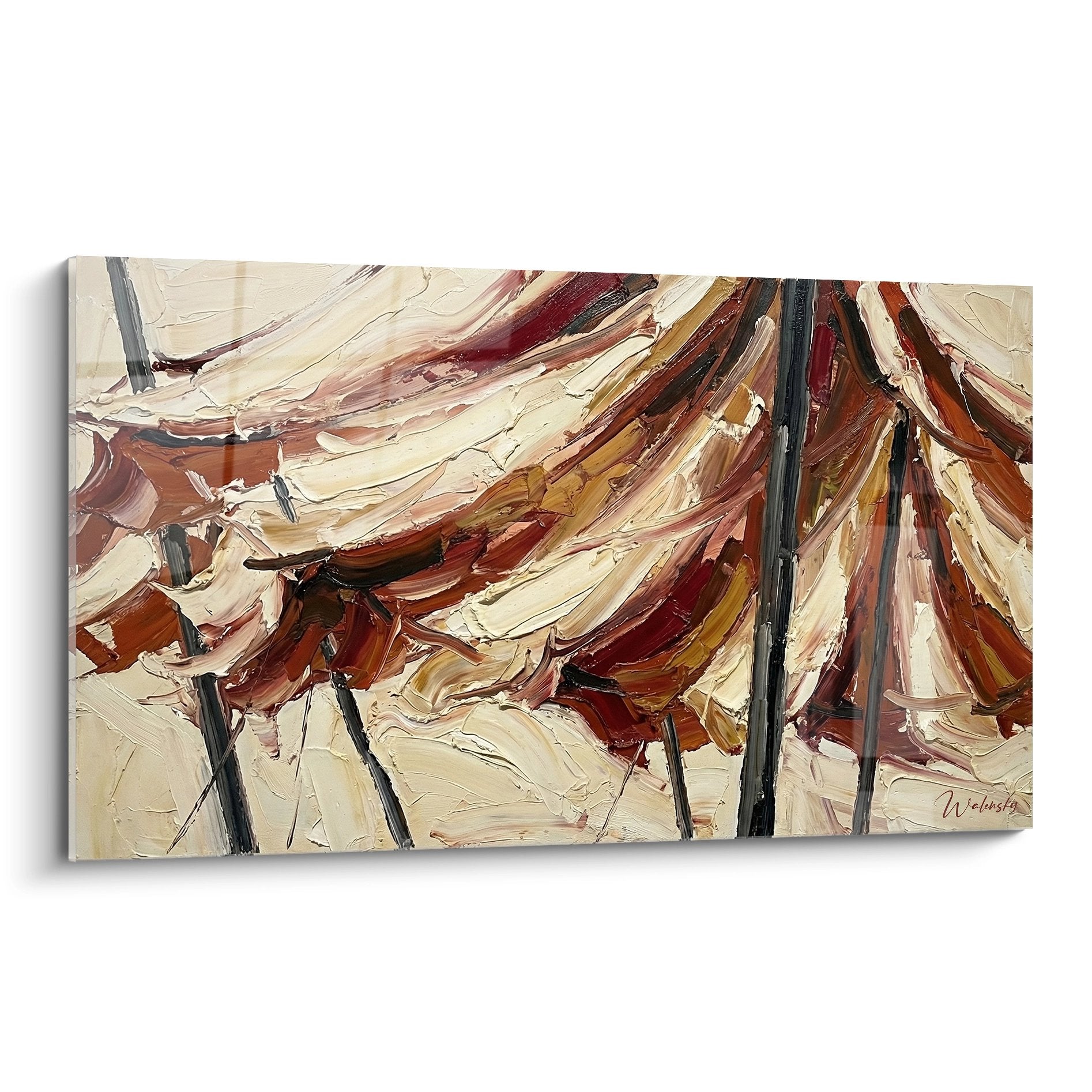 Abstraktes Wandbild mit dynamischen Zirkuszelten in warmen Erdtönen und expressionistischer Maltechnik