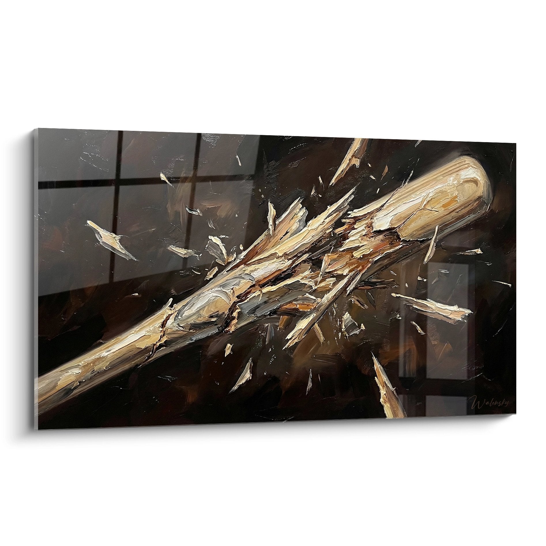Wandbild zerbrochener Baseball-Schläger mit fliegenden Holzsplittern auf dunklem Hintergrund