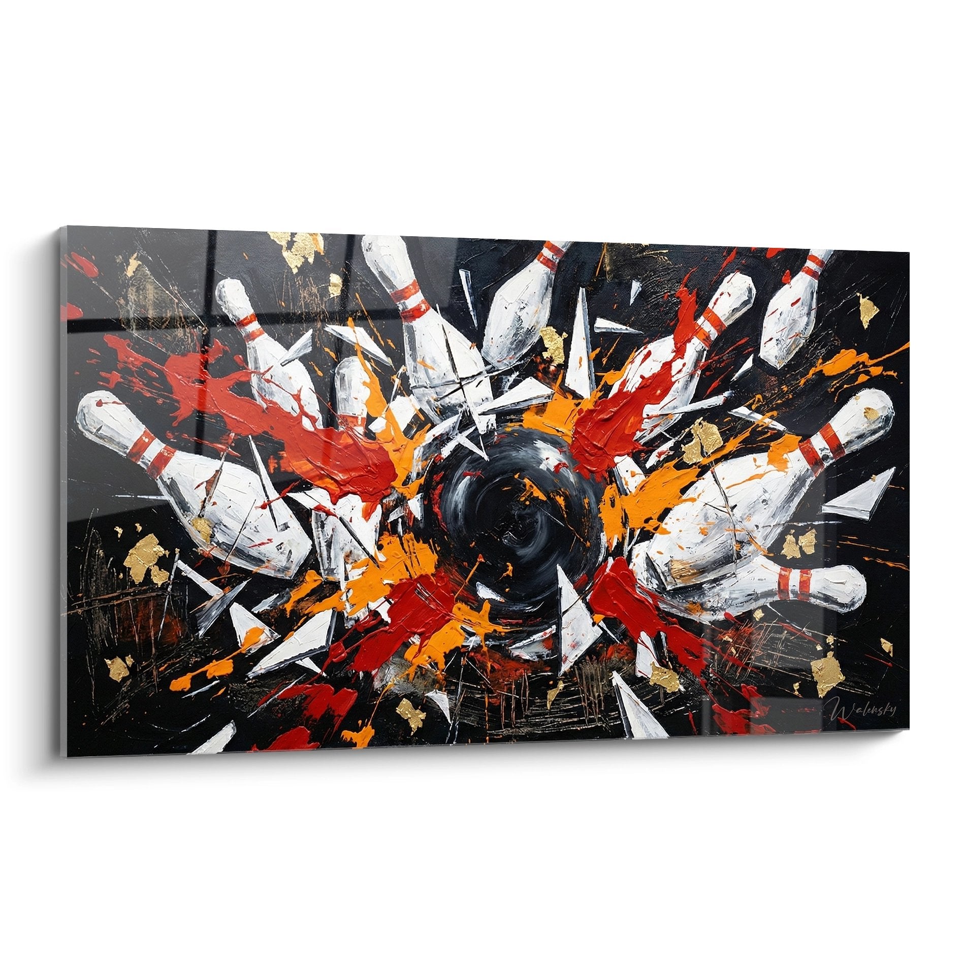 Explosives Bowling Strike Wandbild mit Kugel und zerspringenden Kegeln in dynamischen Rot- und Orangetönen