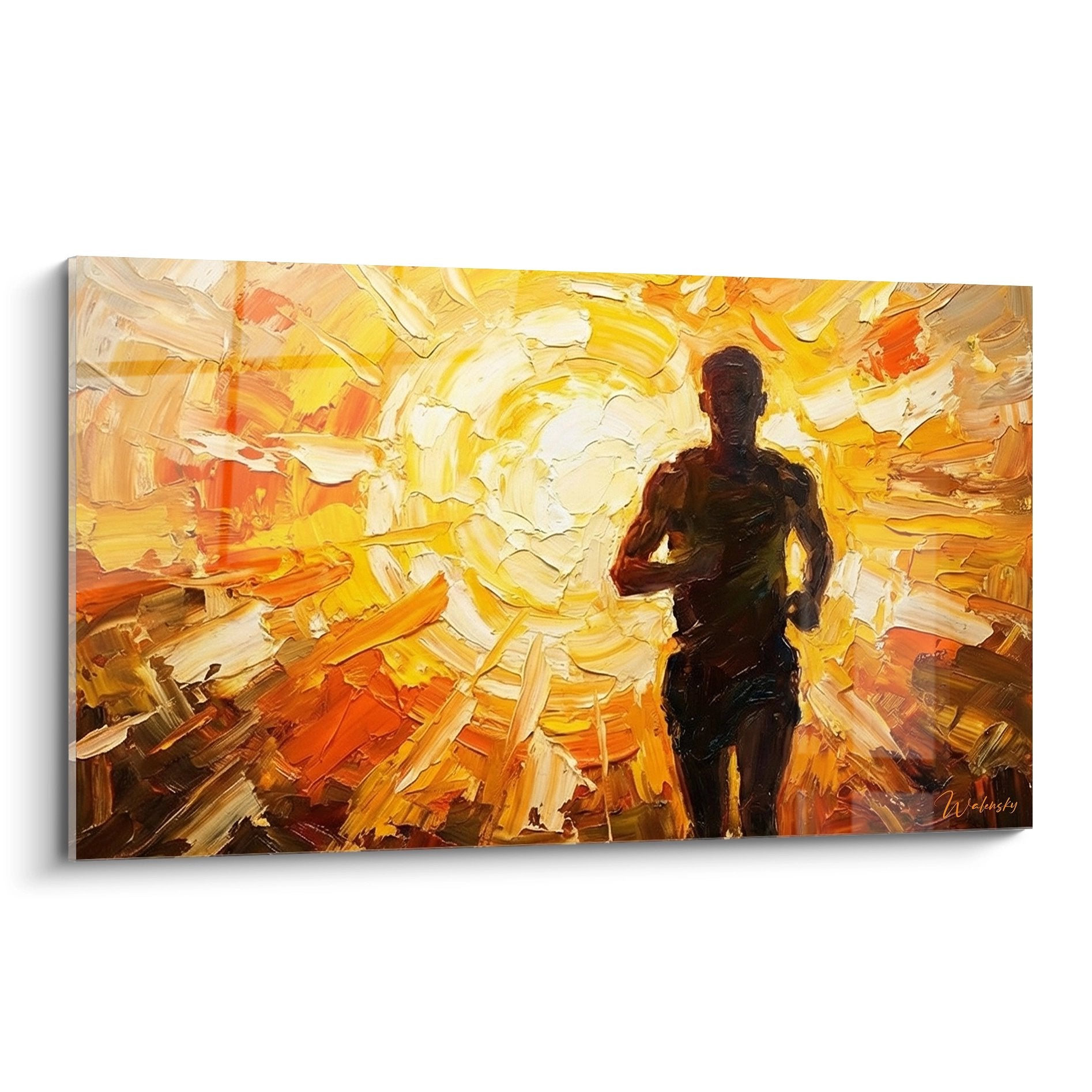 Wandbild Läufer Silhouette vor strahlender Sonne in warmen Gelb-Orange-Tönen, expressive Malerei