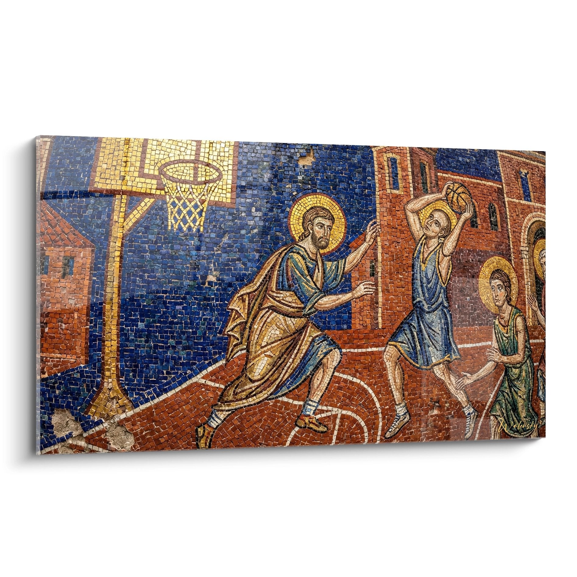 Byzantinisches Mosaik zeigt heilige Figuren mit Heiligenschein beim Basketball spielen in antikem Stil