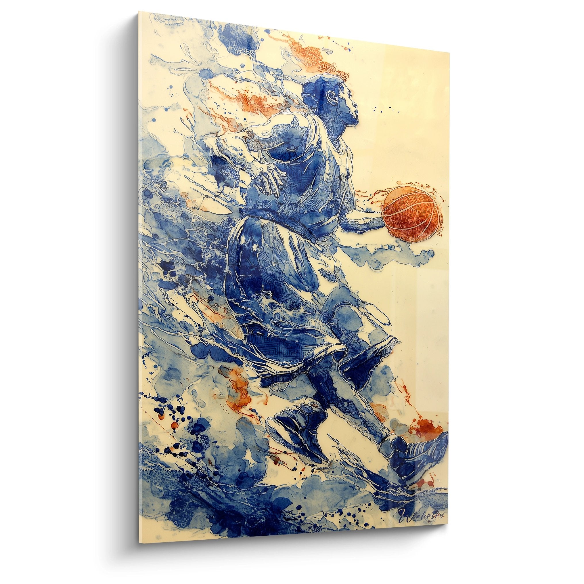 Wandbild Basketball-Spieler in blauer Aquarelltechnik mit orangem Ball in dynamischer Sprungbewegung