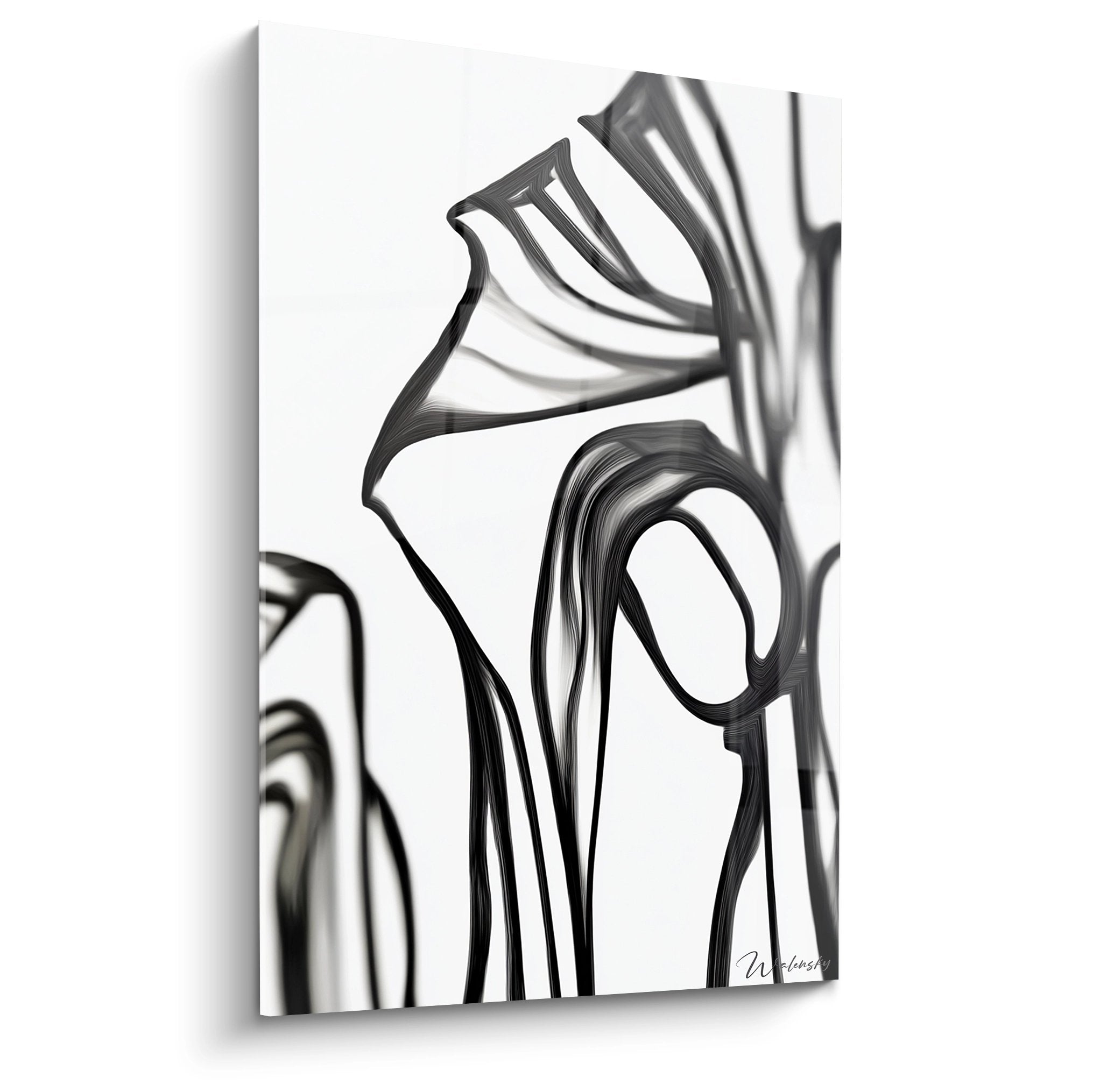 Abstraktes Wandbild mit fließenden schwarz-weißen Wellenformen in eleganter Komposition für moderne Raumgestaltung