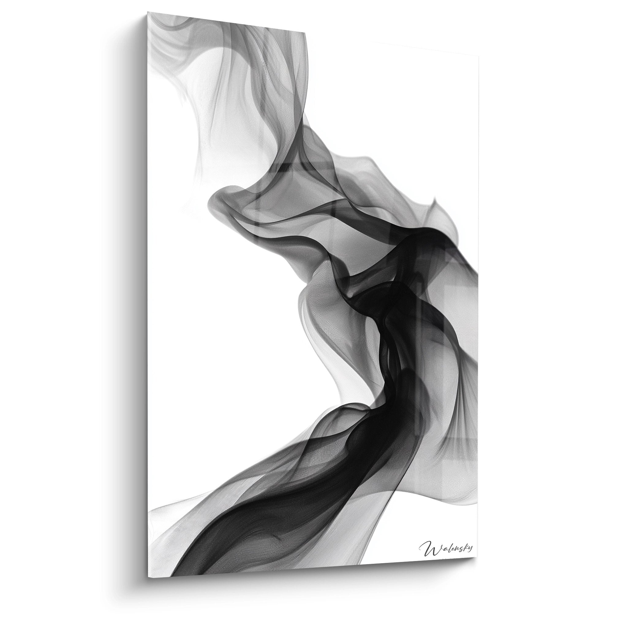 Wandbild mit fließenden abstrakten Formen in schwarz-weiß, organische Linien wie Rauchschwaden