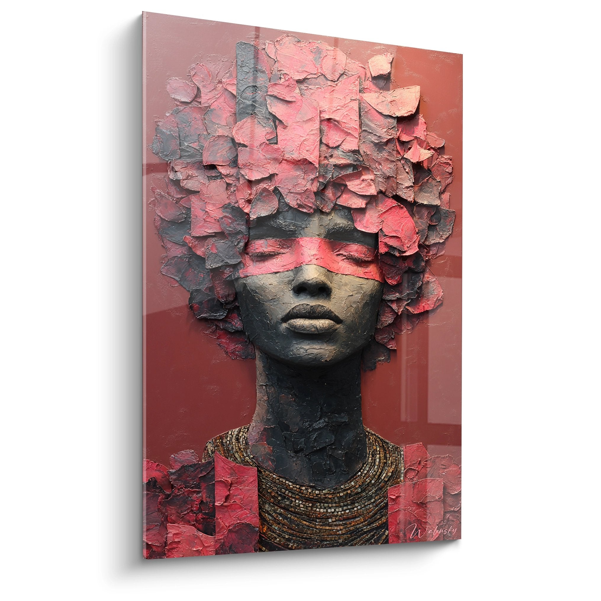 Wandbild afrikanische Frau mit rosa Blütenkrone und goldenem Schmuck auf warmem Hintergrund