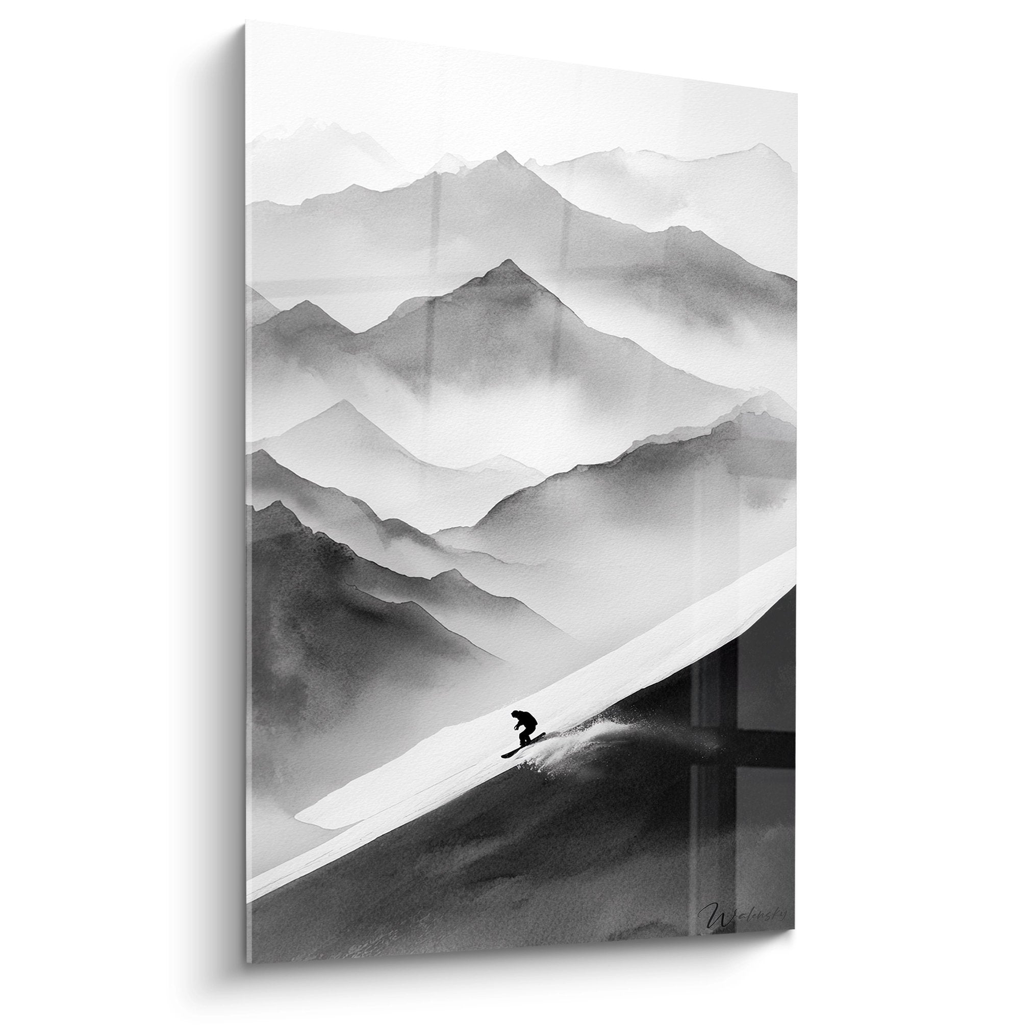 Wandbild Snowboarder in majestätischer Berglandschaft, schwarz-weiß Kunst für Wintersport-Liebhaber